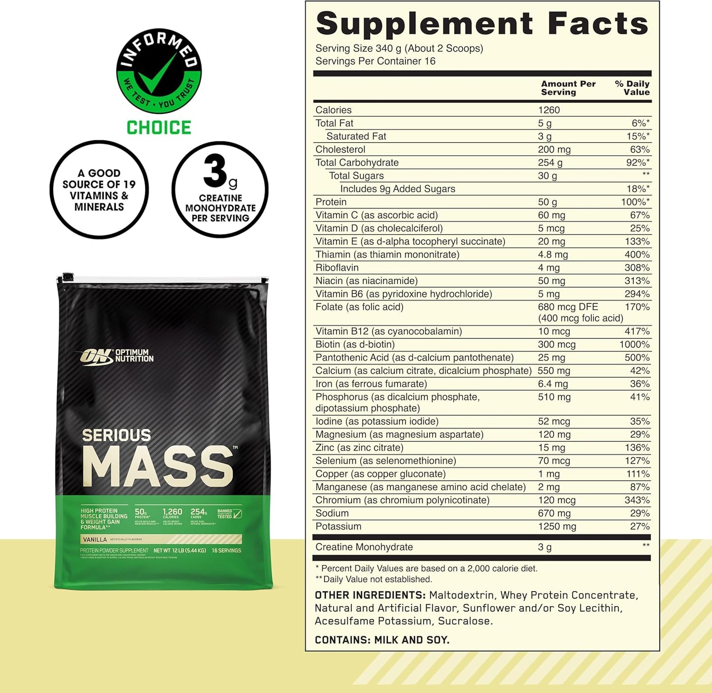 Vanilla Weight Gainer Protein Powder with Immune Support, 12 lb - Optimum Nutrition Serious Mass, Vitamin C and Zinc