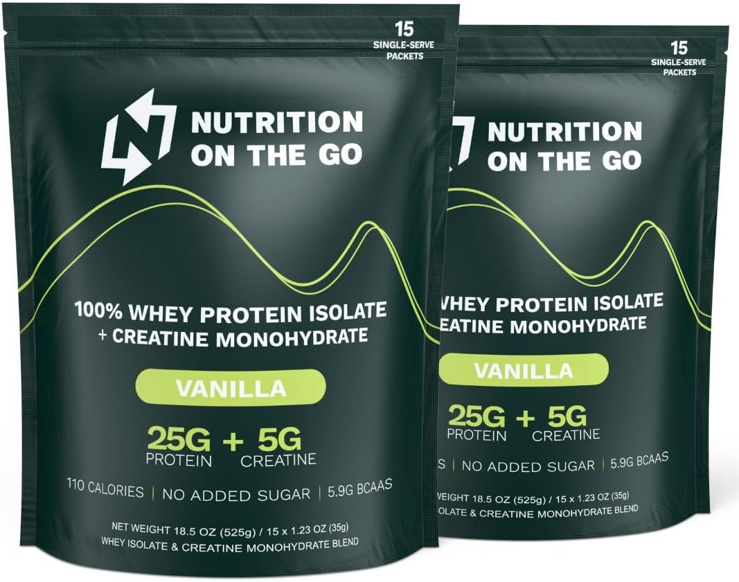 Vanilla Whey Protein Powder with Creatine - 25g Protein, 5g Creatine - Single-Serve Travel Packets - Gluten-Free, No Sugar Added (30-Pack)