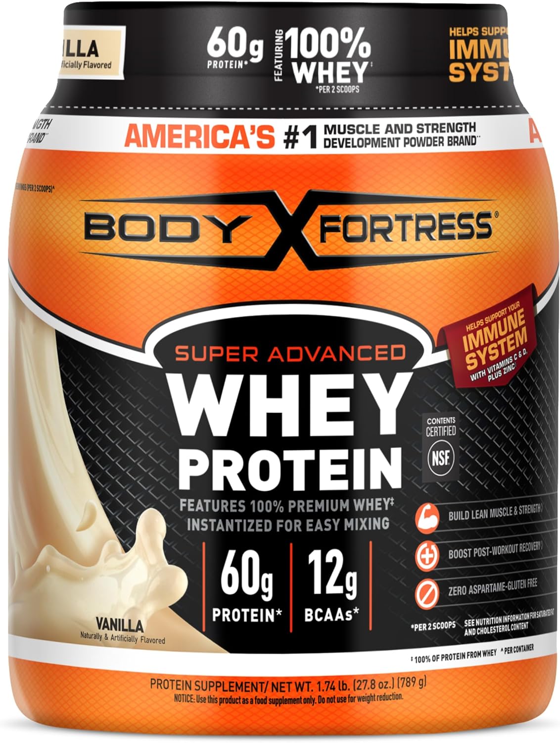 Vanilla Whey Protein Powder with Immune Support and Vitamins C, D, and Zinc - 1.74 lbs