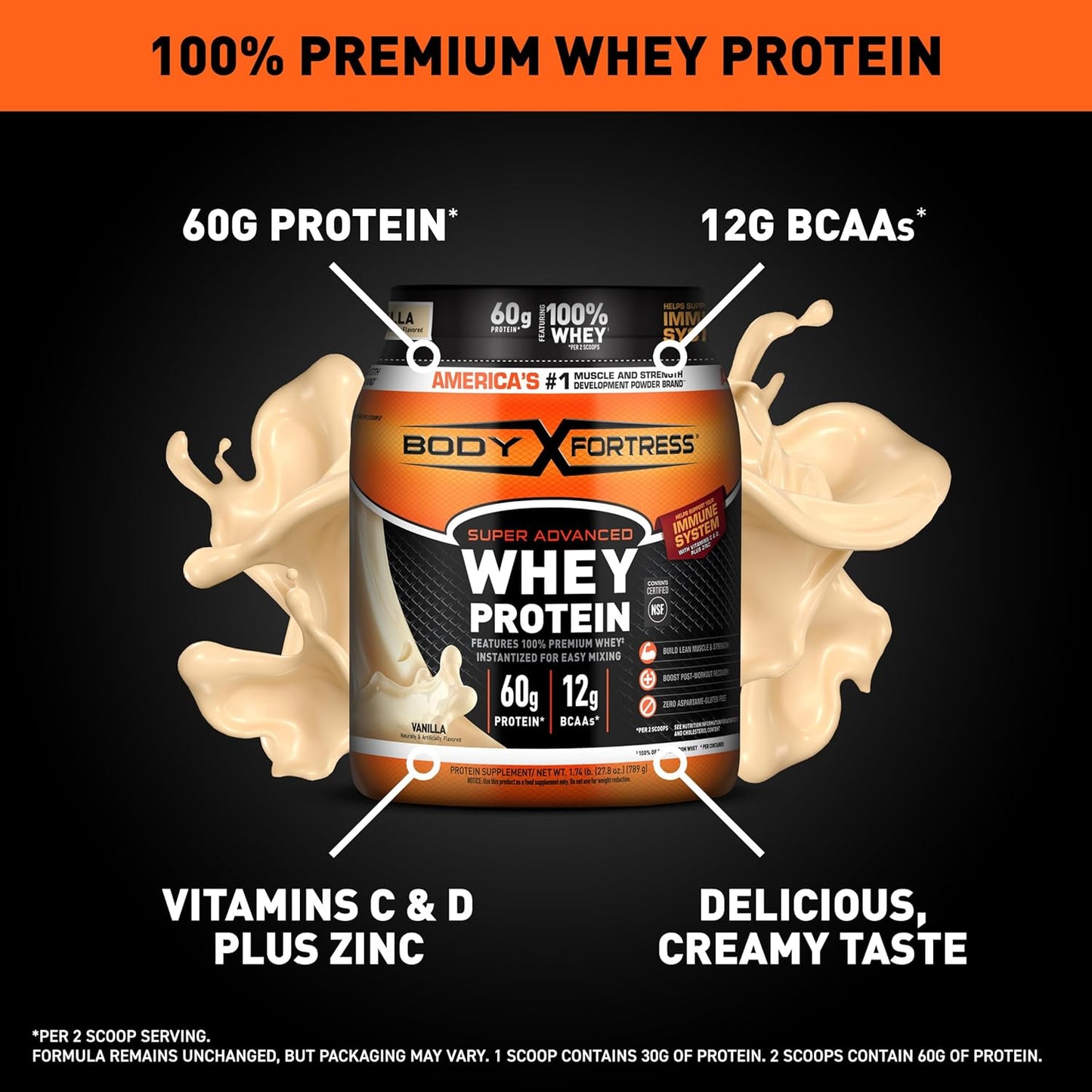 Vanilla Whey Protein Powder with Immune Support and Vitamins C, D, and Zinc - 1.74 lbs