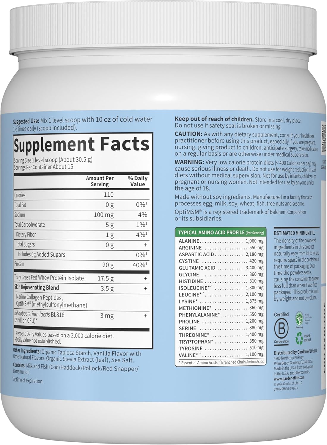 Vanilla Whey Protein Powder with Marine Collagen & MSM for Enhanced Energy and Skin Health - Grass Fed, 15 Servings