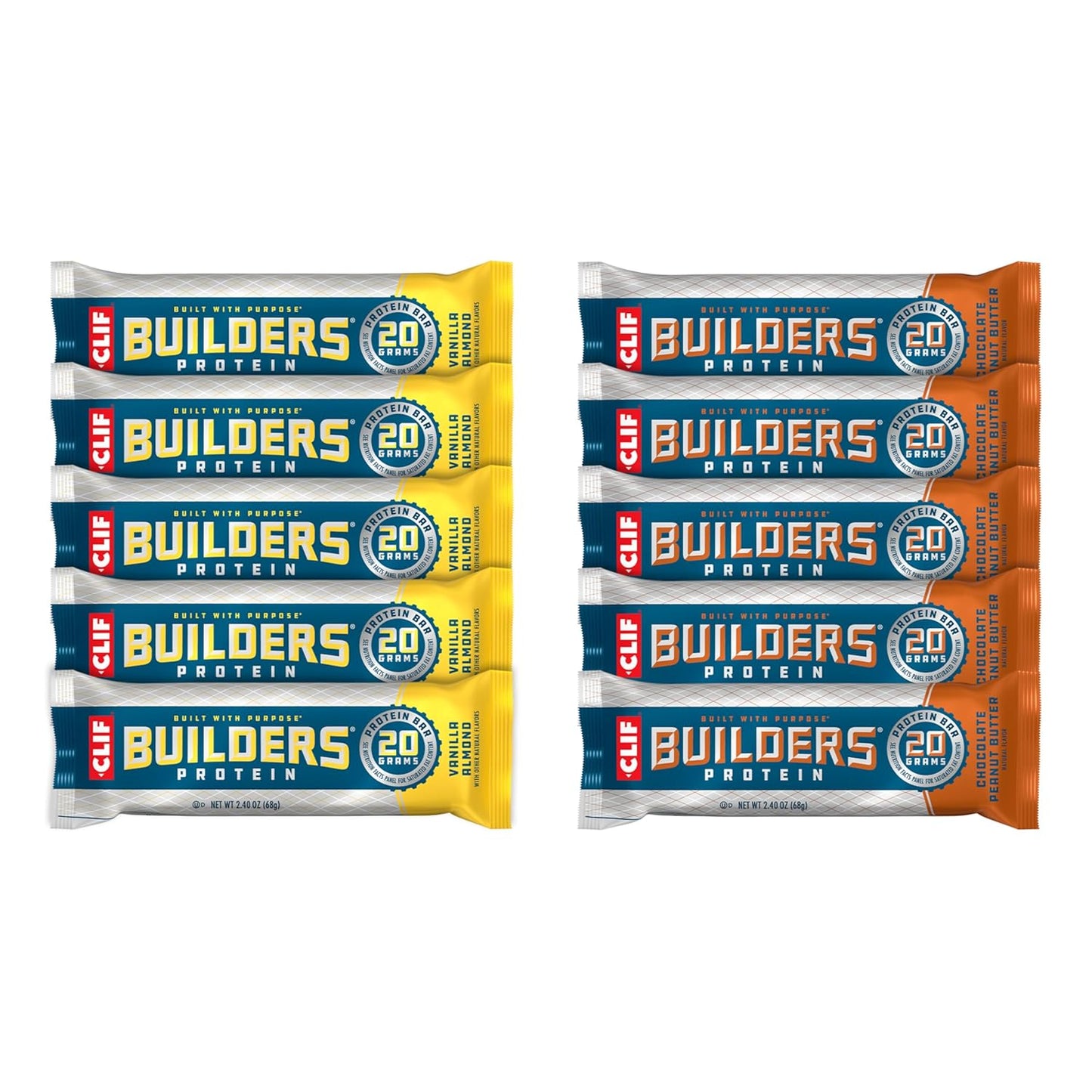 Variety Pack of CLIF Builder's Plant Based Protein Bars - Chocolate Peanut Butter and Vanilla Almond Flavors - Gluten Free, Non-GMO, Low Glycemic - 20g Protein - 2.4 oz bars - 10 Count