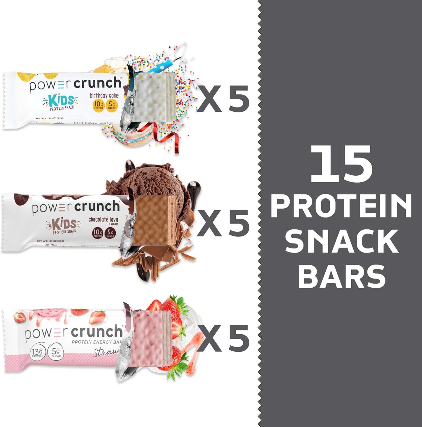 Variety Pack of Power Crunch Protein Wafer Bars and KIDS Protein Bars - 15 Count, High Protein Snacks with Delicious Taste