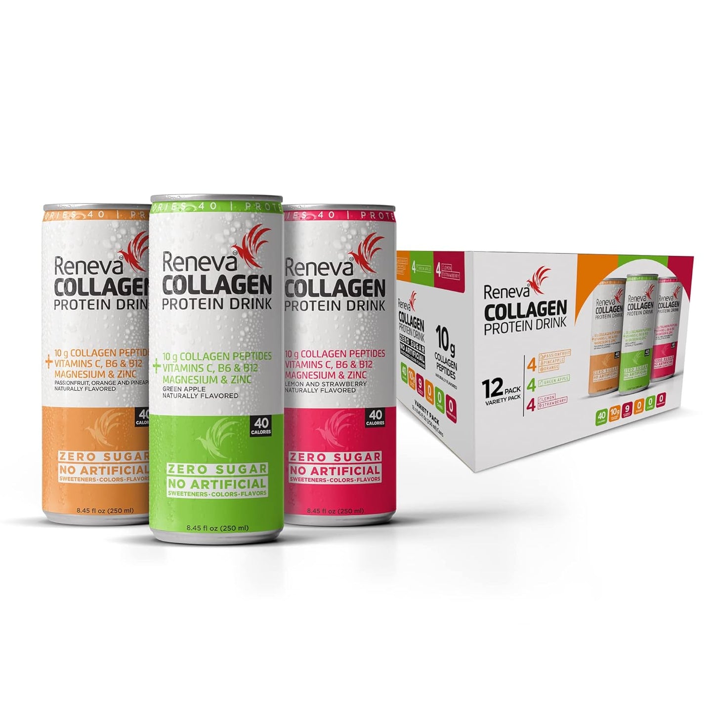 Variety Pack Reneva Collagen Protein Drink with 10g Collagen Peptides, Electrolytes, B-Vitamins, Zinc, and No Sugar
