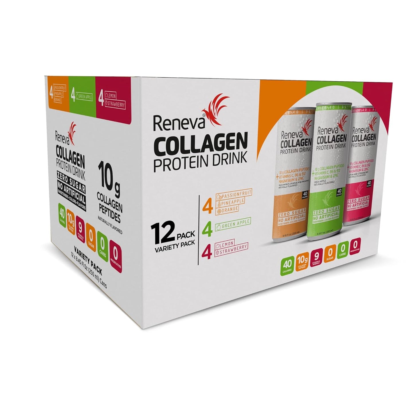 Variety Pack Reneva Collagen Protein Drink with 10g Collagen Peptides, Electrolytes, B-Vitamins, Zinc, and No Sugar