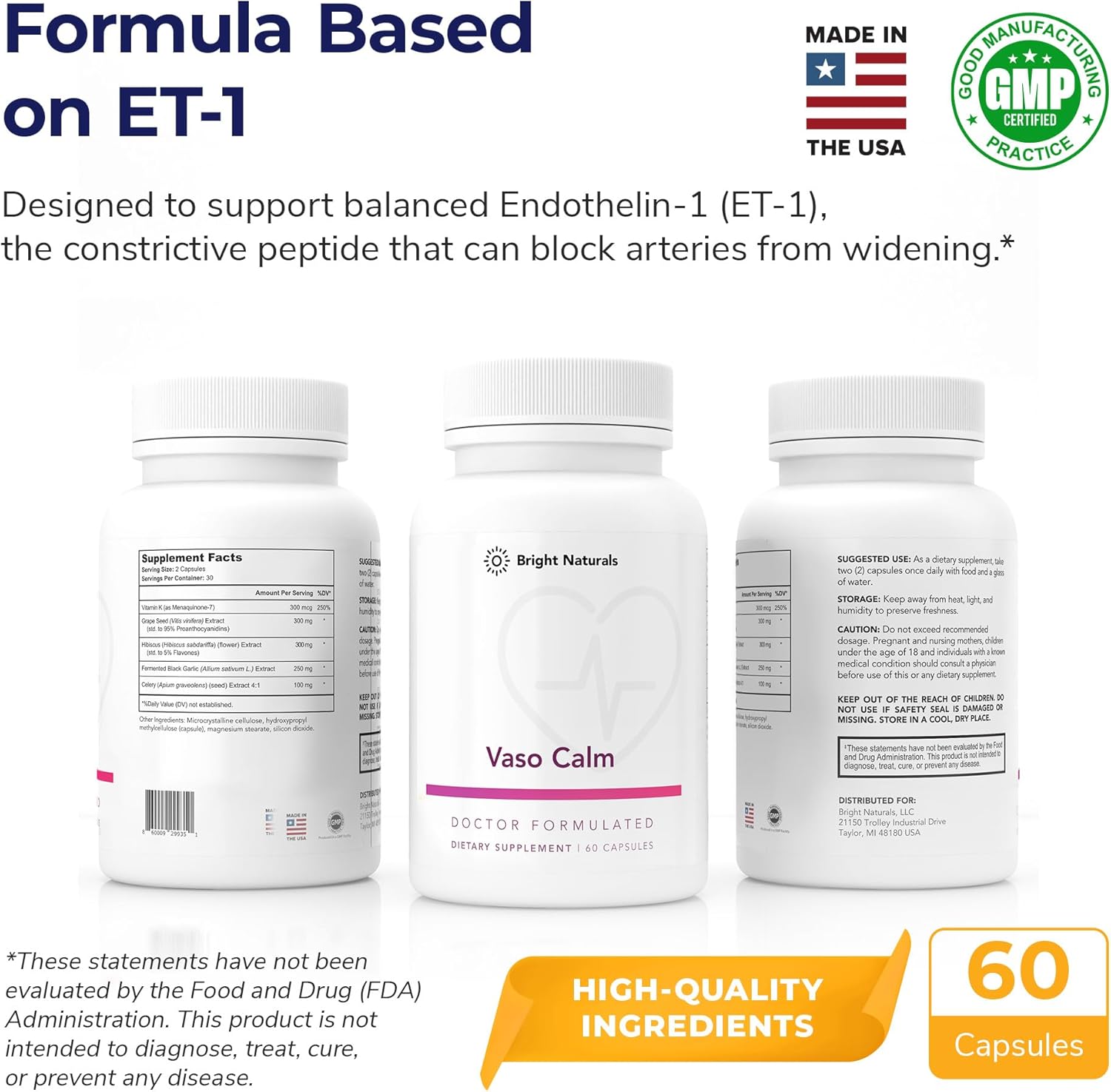 Vaso Calm Blood Balance Supplement with Fermented Garlic, Celery, Grape Seed, Hibiscus & Vitamin K2 - USA Made - Bright Naturals