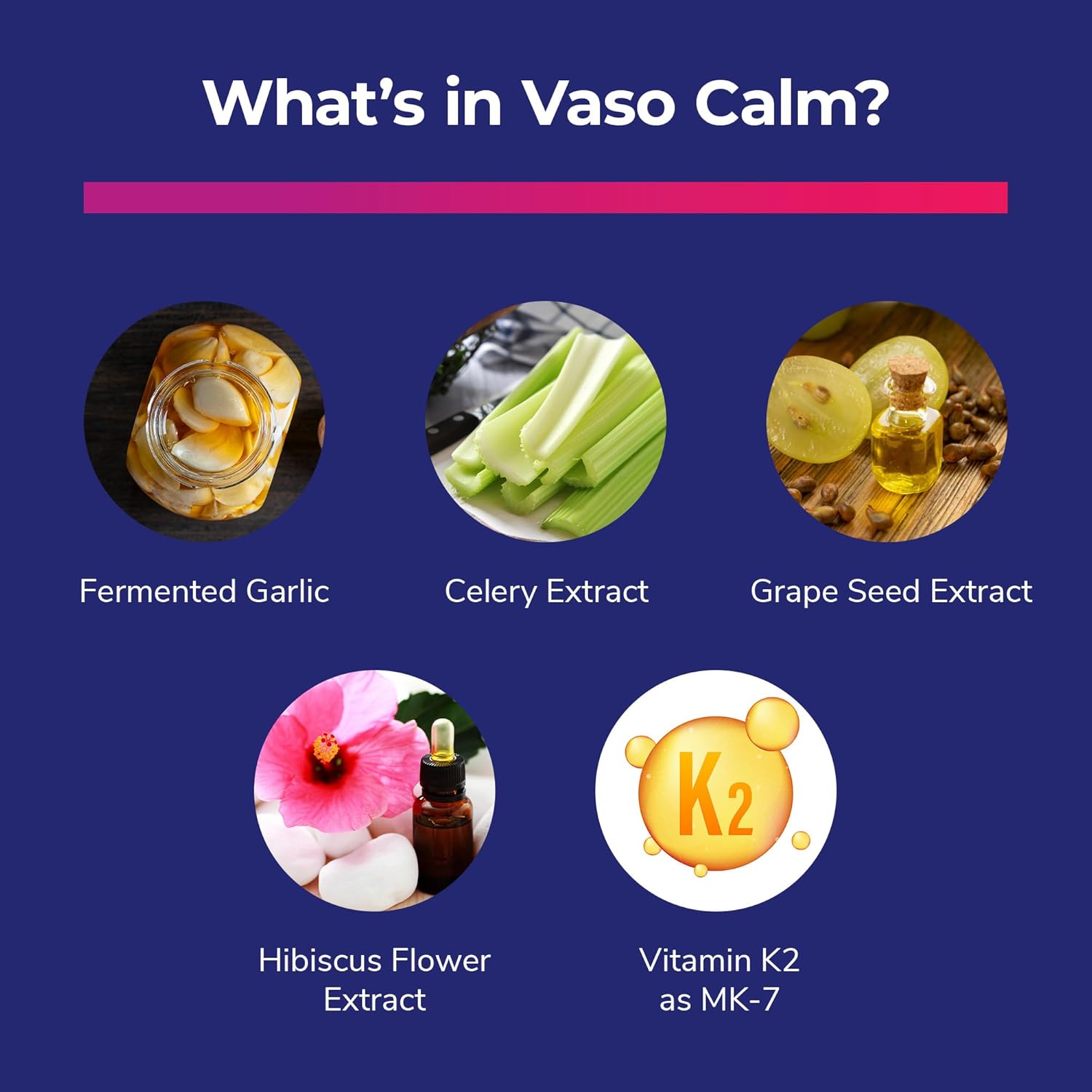 Vaso Calm Blood Balance Supplement with Fermented Garlic, Celery, Grape Seed, Hibiscus & Vitamin K2 - USA Made - Bright Naturals
