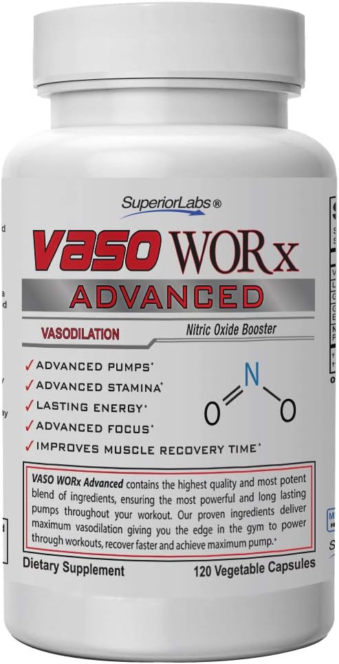 Vaso Worx Advanced Vasodilation & No2 Booster Supplement - Enhance Pumps, Endurance, Energy - 120 Capsules