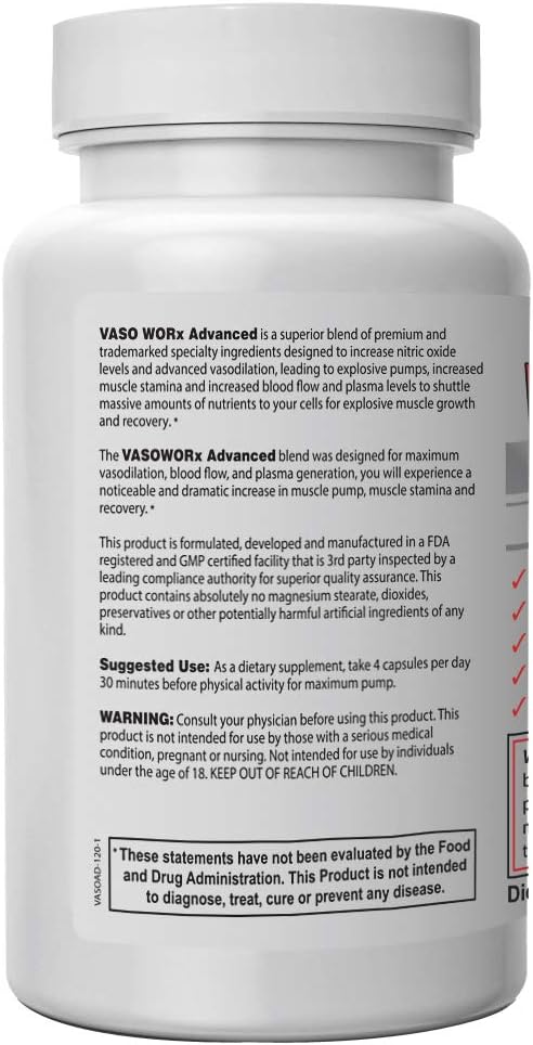 Vaso Worx Advanced Vasodilation & No2 Booster Supplement - Enhance Pumps, Endurance, Energy - 120 Capsules