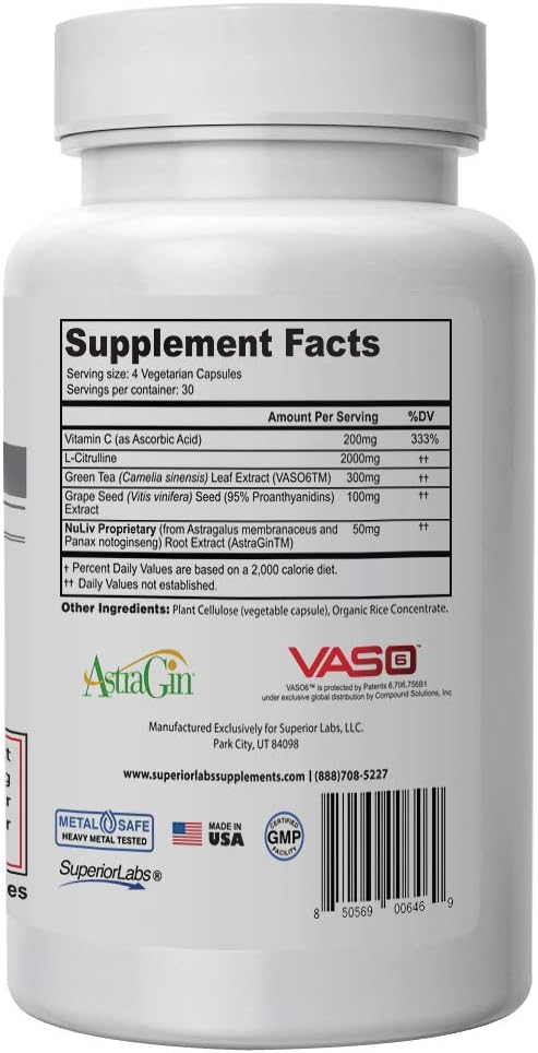 Vaso Worx Advanced Vasodilation & No2 Booster Supplement - Enhance Pumps, Endurance, Energy - 120 Capsules