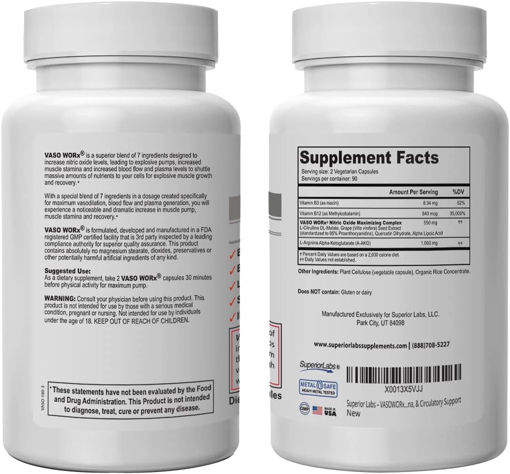 VASOWORx® Nitric Oxide Supplement - Extra Strength 1,600mg - 180 Capsules - Energy & Circulatory Support