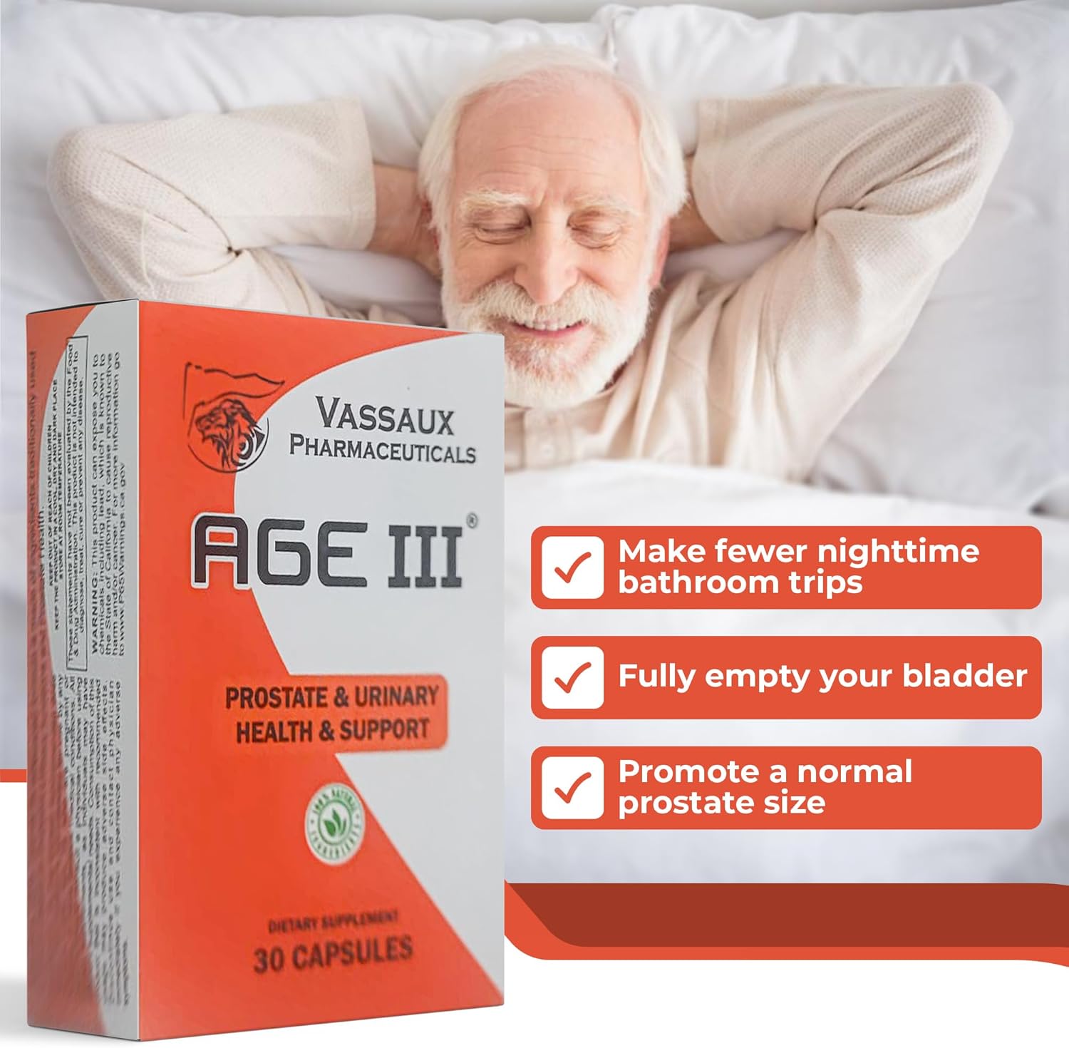 Vassaux Pharmaceuticals Age III Natural Prostate Health Formula with Serenoa Repens, Pygeum Africanum, and Cucurbita Pepo for BPH Relief