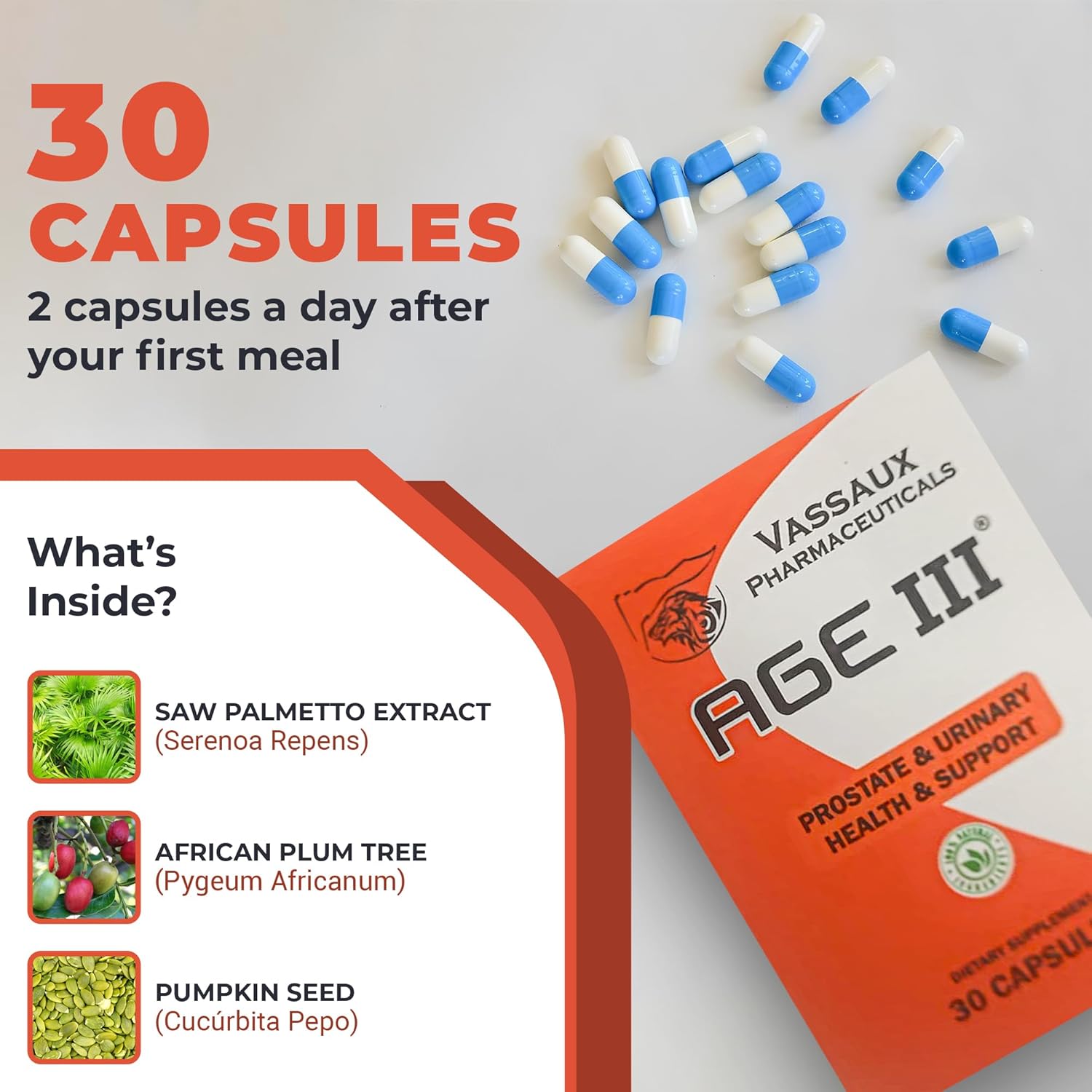 Vassaux Pharmaceuticals Age III Natural Prostate Health Formula with Serenoa Repens, Pygeum Africanum, and Cucurbita Pepo for BPH Relief