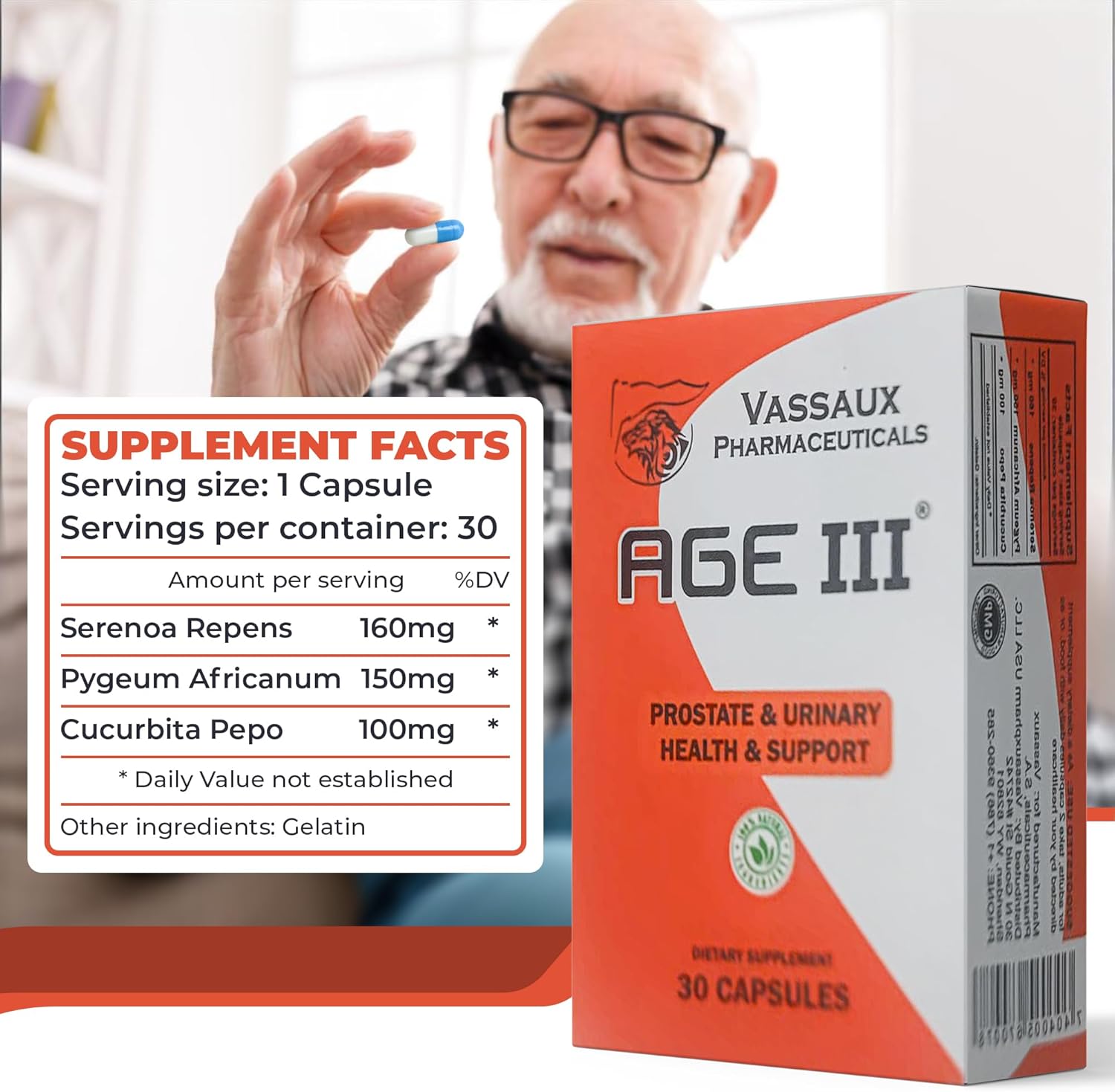 Vassaux Pharmaceuticals Age III Natural Prostate Health Formula with Serenoa Repens, Pygeum Africanum, and Cucurbita Pepo for BPH Relief