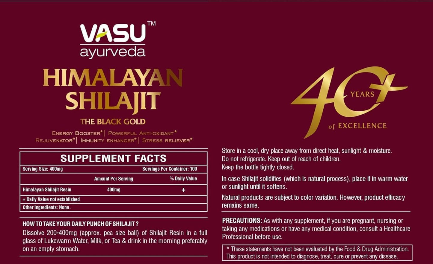 Vasu Ayurveda Himalayan Shilajit Resin: Highest Potency, 100% Natural, Lab Tested - Pure Fulvic Acid & 85+ Trace Minerals - Black Gold - 100 Day Supply - Energy Booster - Pack of 2