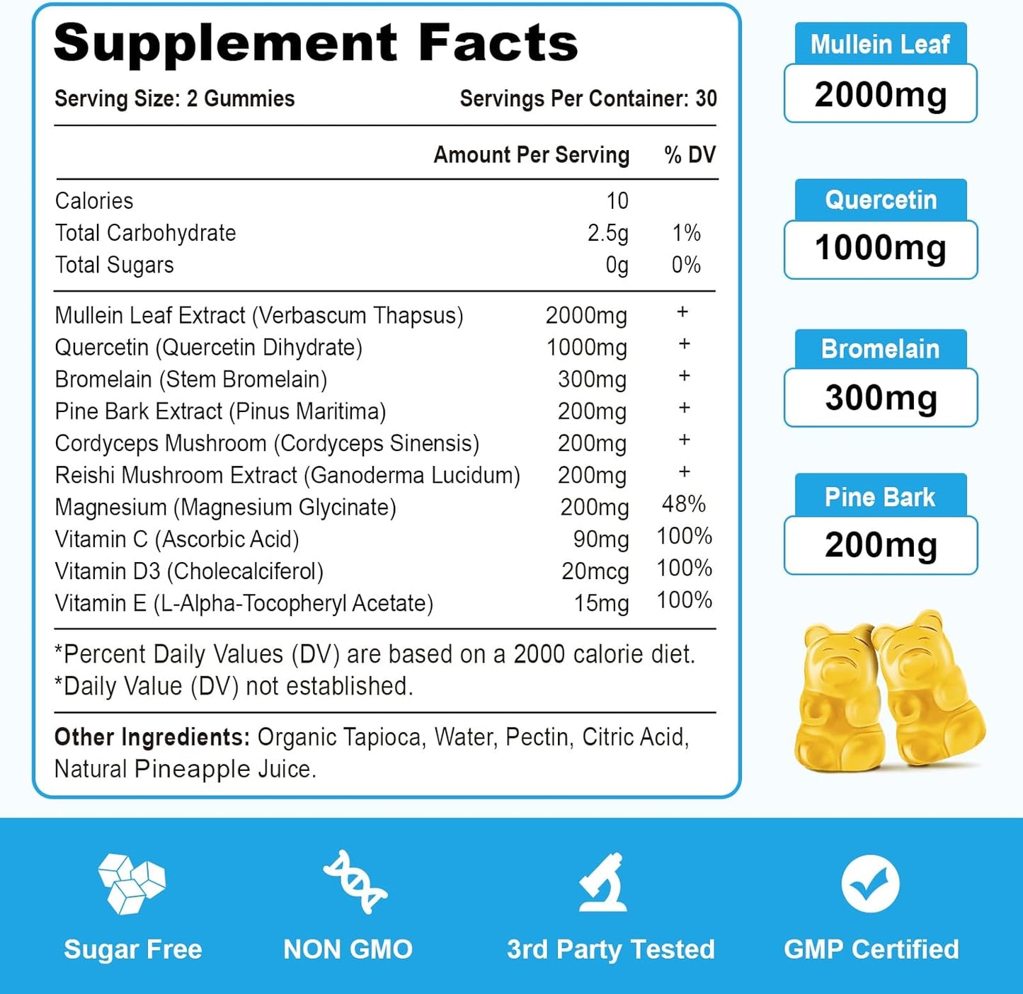 Vazatisi 10-in-1 Mullein Gummies with Bromelain, Quercetin, and Magnesium for Lung Health - Lung Cleanse Support, 60ct