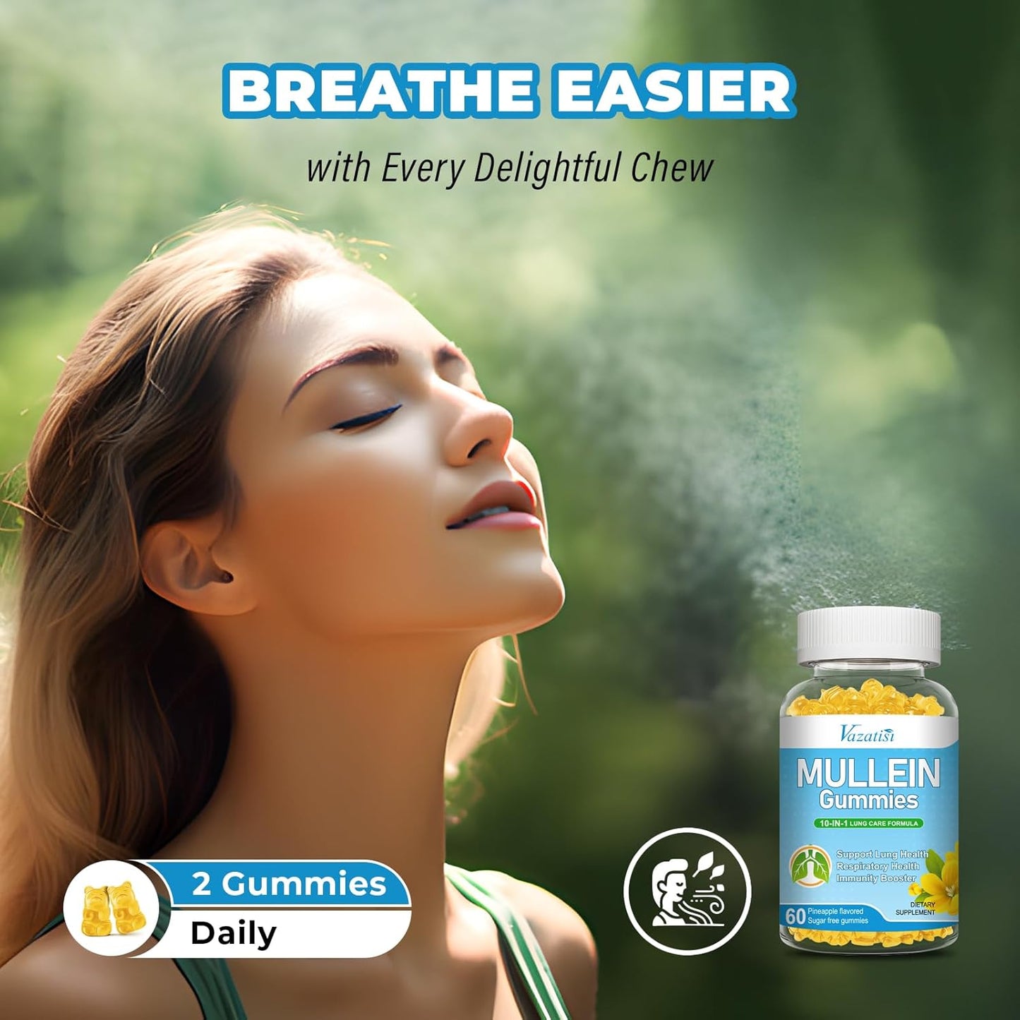 Vazatisi 10-in-1 Mullein Gummies with Bromelain, Quercetin, and Magnesium for Lung Health - Lung Cleanse Support, 60ct