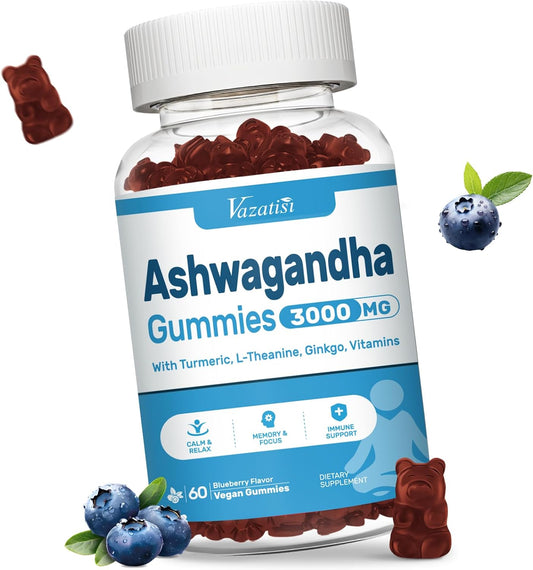 Vazatisi Ashwagandha Gummies 60ct for Women & Men, Non-GMO, Gluten-Free, Vegan - Promotes Calm Mood & Energy Boost
