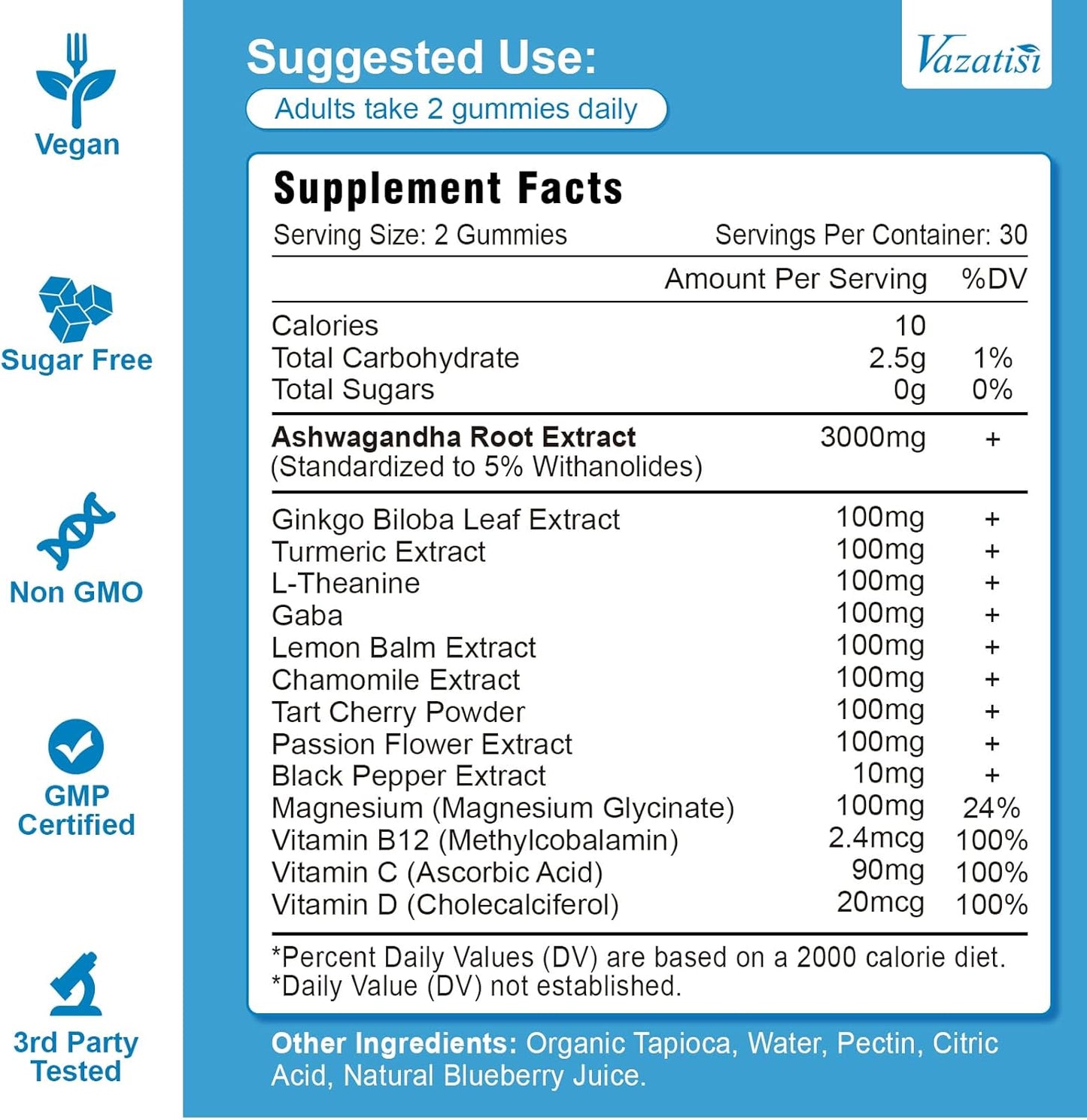 Vazatisi Ashwagandha Gummies 60ct for Women & Men, Non-GMO, Gluten-Free, Vegan - Promotes Calm Mood & Energy Boost