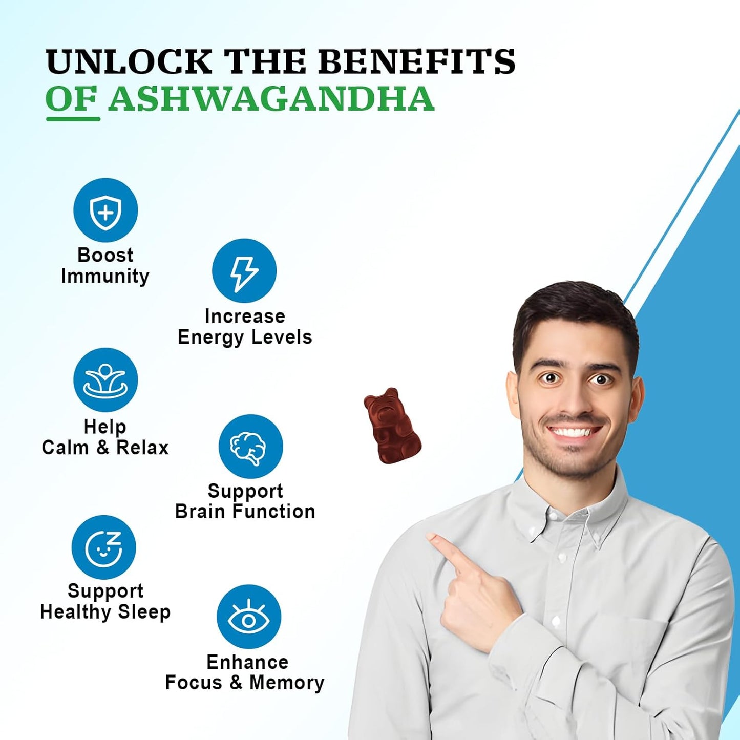 Vazatisi Ashwagandha Gummies 60ct for Women & Men, Non-GMO, Gluten-Free, Vegan - Promotes Calm Mood & Energy Boost