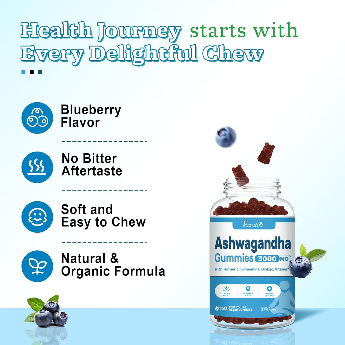 Vazatisi Ashwagandha Gummies 60ct for Women & Men, Non-GMO, Gluten-Free, Vegan - Promotes Calm Mood & Energy Boost