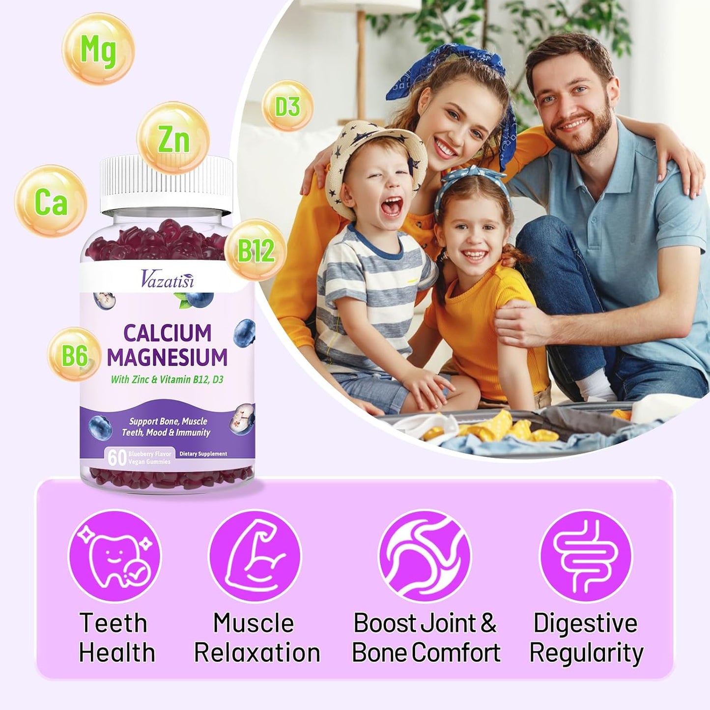 Vazatisi Calcium Magnesium Zinc Gummies - Immune Support for Women & Men, 60 Vegan Blueberry Gummies with Vitamin D3 and B12