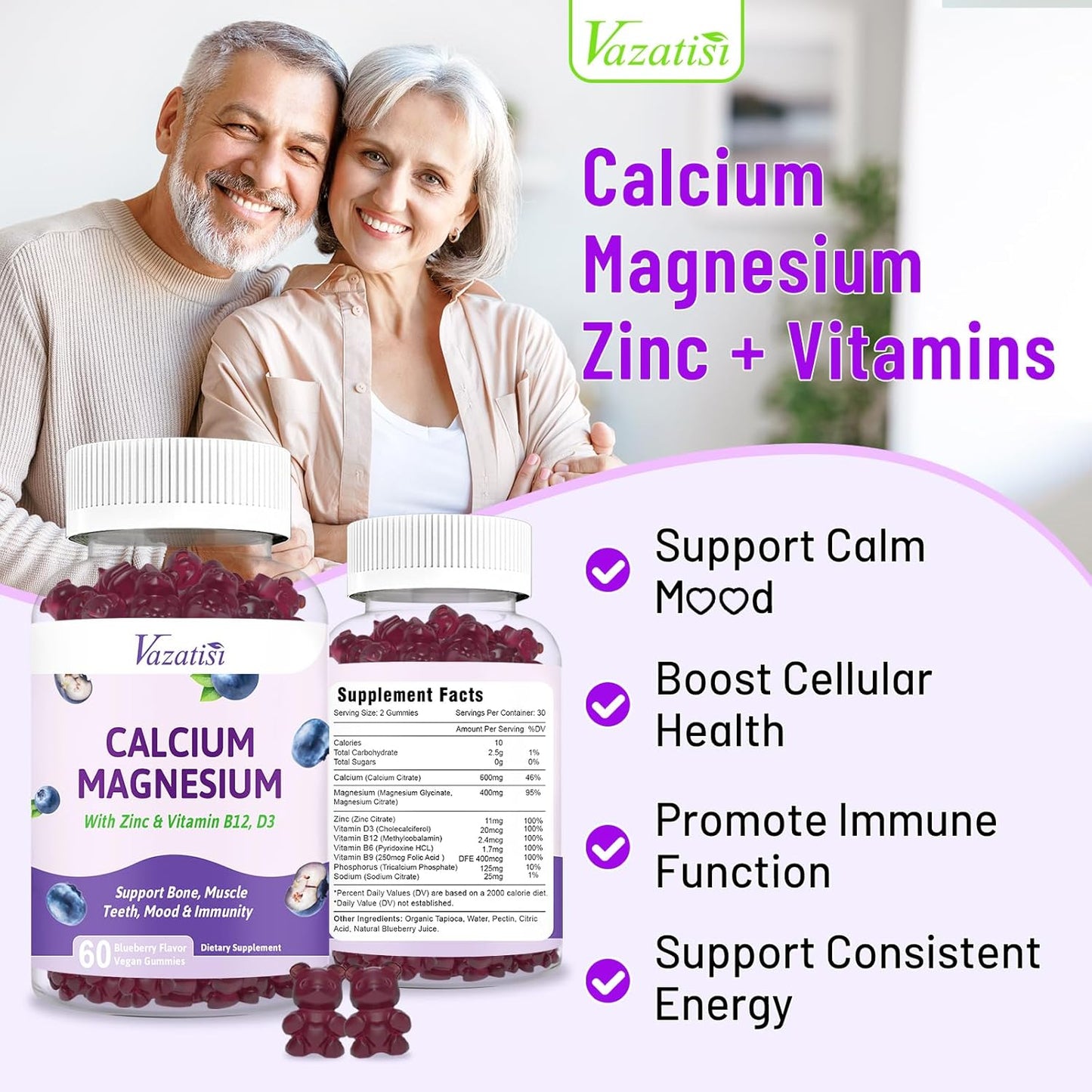 Vazatisi Calcium Magnesium Zinc Gummies - Immune Support for Women & Men, 60 Vegan Blueberry Gummies with Vitamin D3 and B12