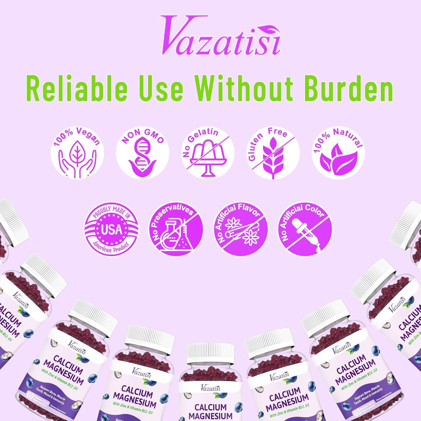 Vazatisi Calcium Magnesium Zinc Gummies - Immune Support for Women & Men, 60 Vegan Blueberry Gummies with Vitamin D3 and B12