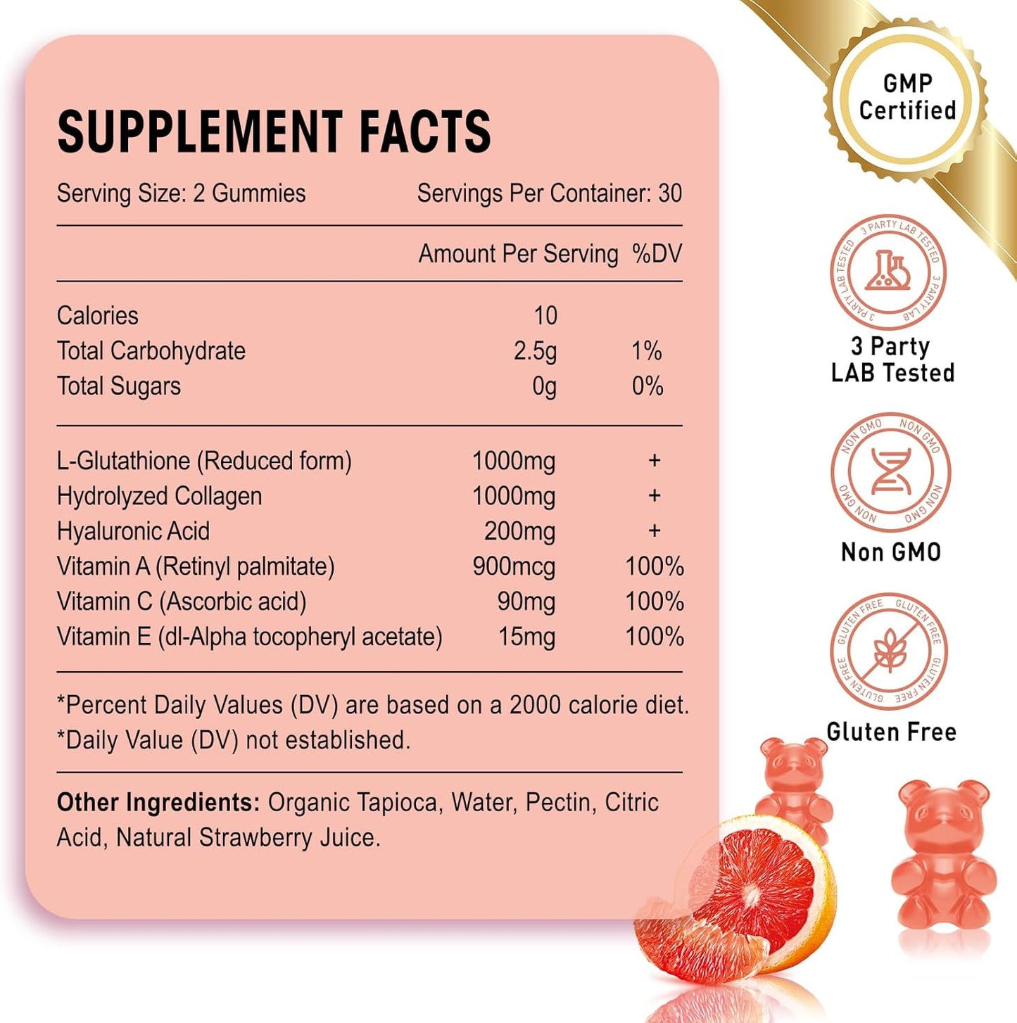 Vazatisi Glutathione Collagen Gummies with Vitamin C & E, Anti-Aging Supplement for Women, Grapefruit Flavor - 60 Count
