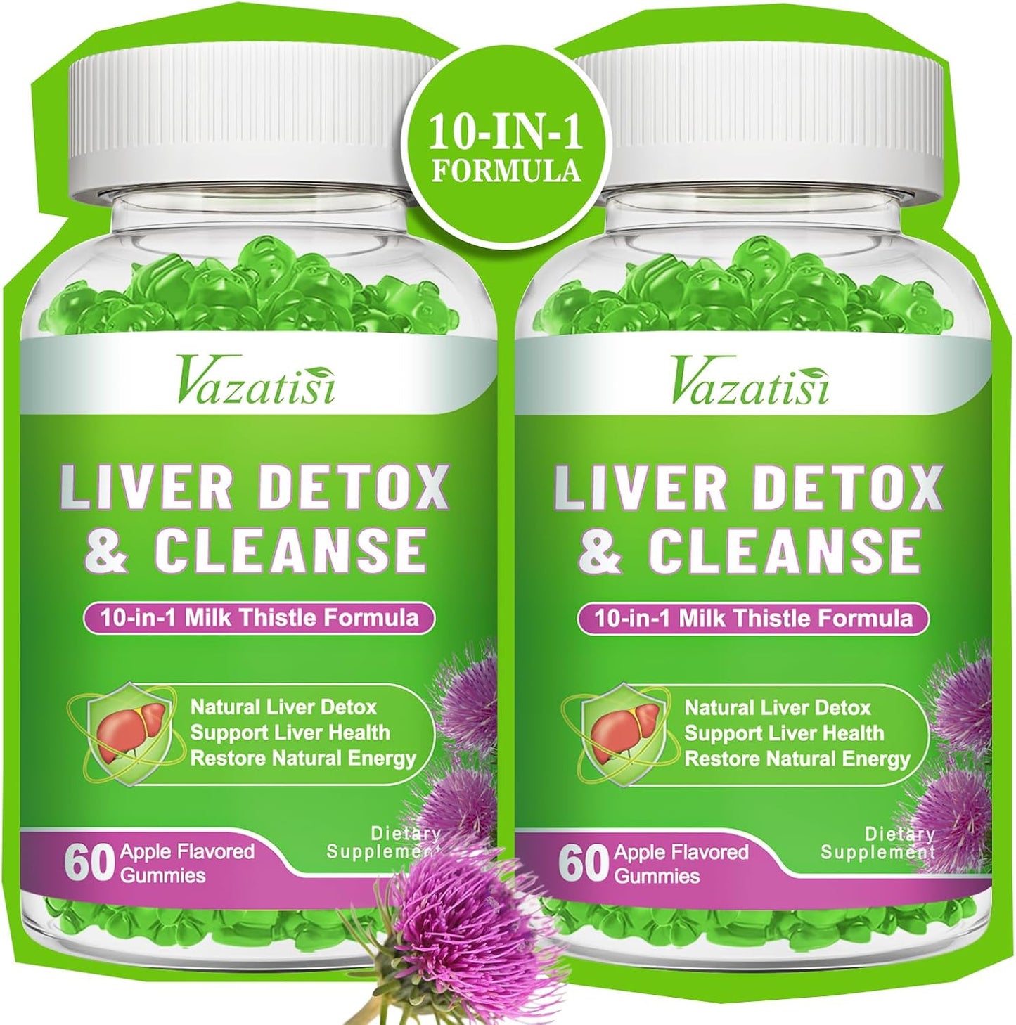 Vazatisi Liver Cleanse Gummies: Detox & Repair Supplement with Milk Thistle, Artichoke, Dandelion - 120ct Apple Flavor