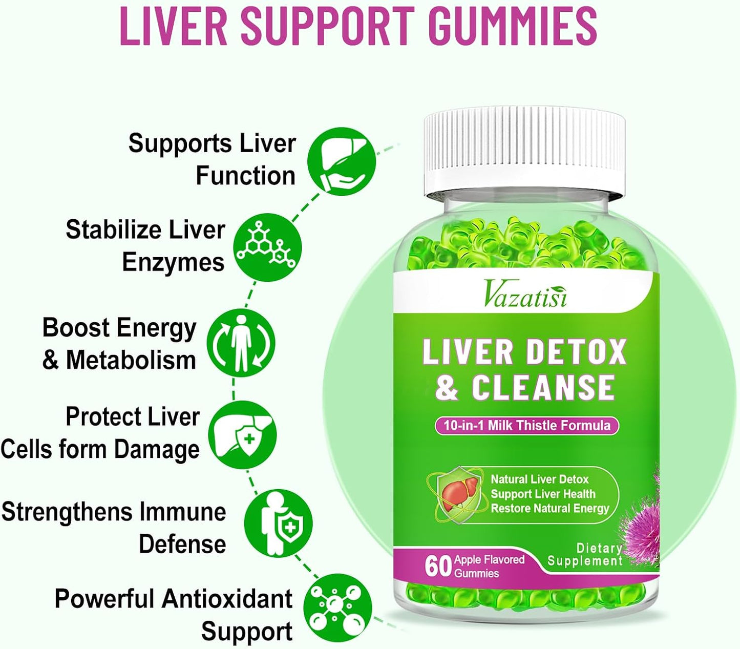 Vazatisi Liver Cleanse Gummies: Detox & Repair Supplement with Milk Thistle, Artichoke, Dandelion - 120ct Apple Flavor