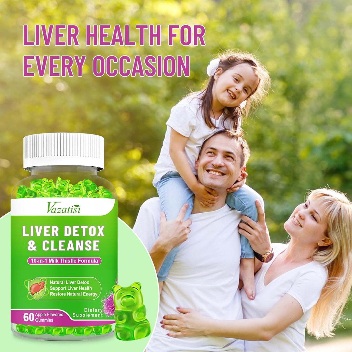 Vazatisi Liver Cleanse Gummies: Detox & Repair Supplement with Milk Thistle, Artichoke, Dandelion - 120ct Apple Flavor