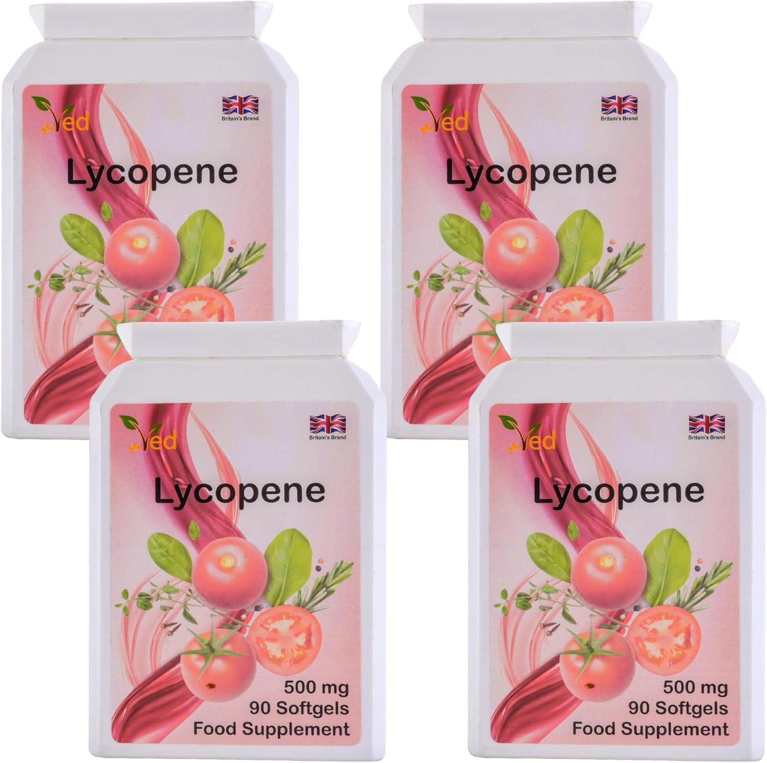 Ved Lycopene Softgel Supplement 500mg x 90, 12 Months Supply, Non-GMO, Energy Balance Support (Pack of 4)