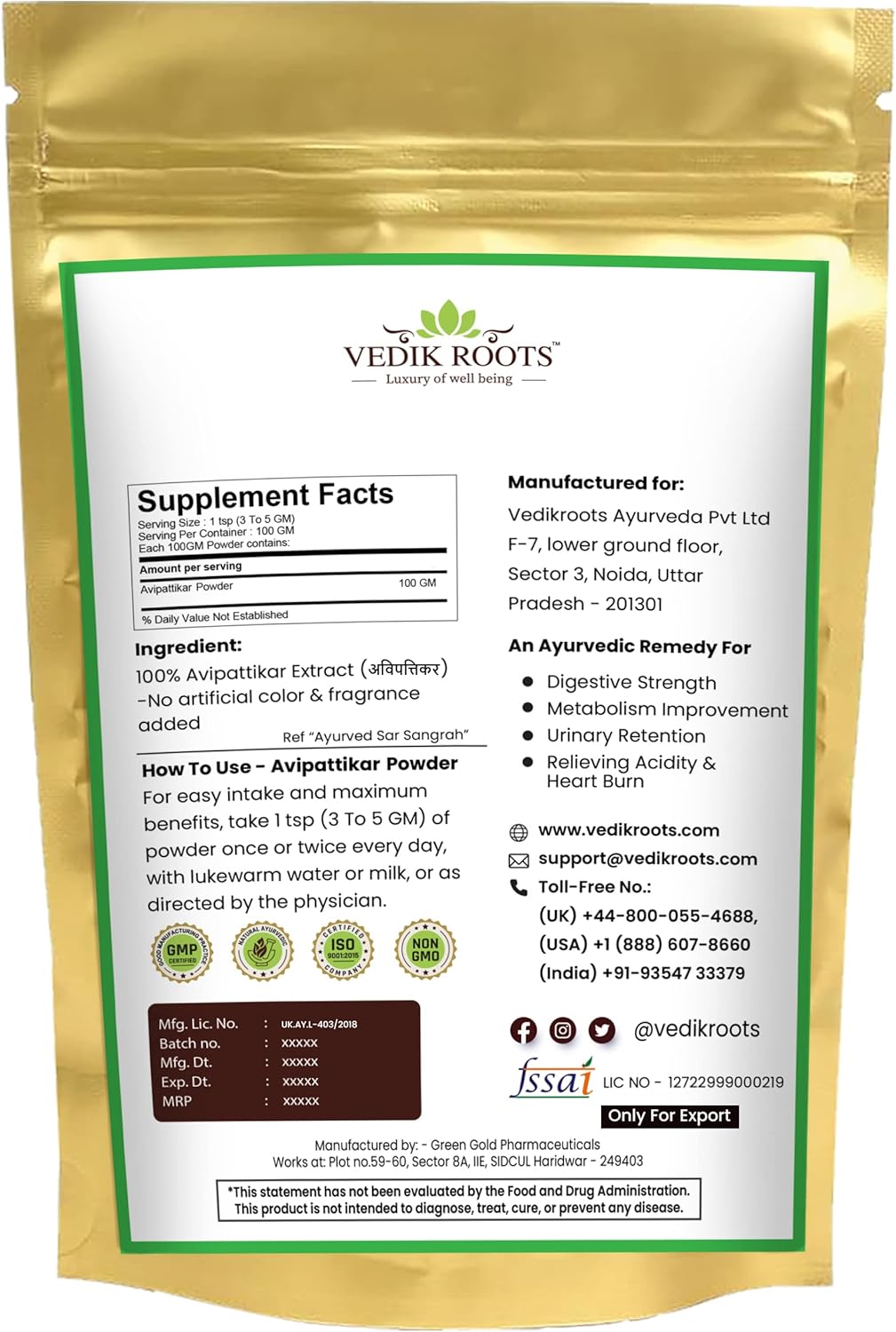 VEDIKROOTS Avipattikar Churna Powder - 3.52 oz (1 Pack) - Natural Ayurvedic Digestive Support