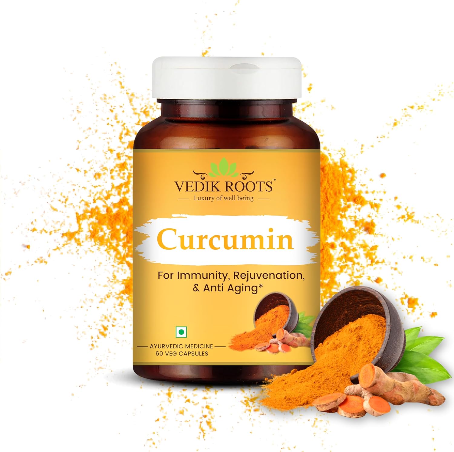 VEDIKROOTS Curcumin Capsules - Antioxidant with Joint Comfort, Anti-Aging, and Inflammation Relief - 60 Veg Capsules