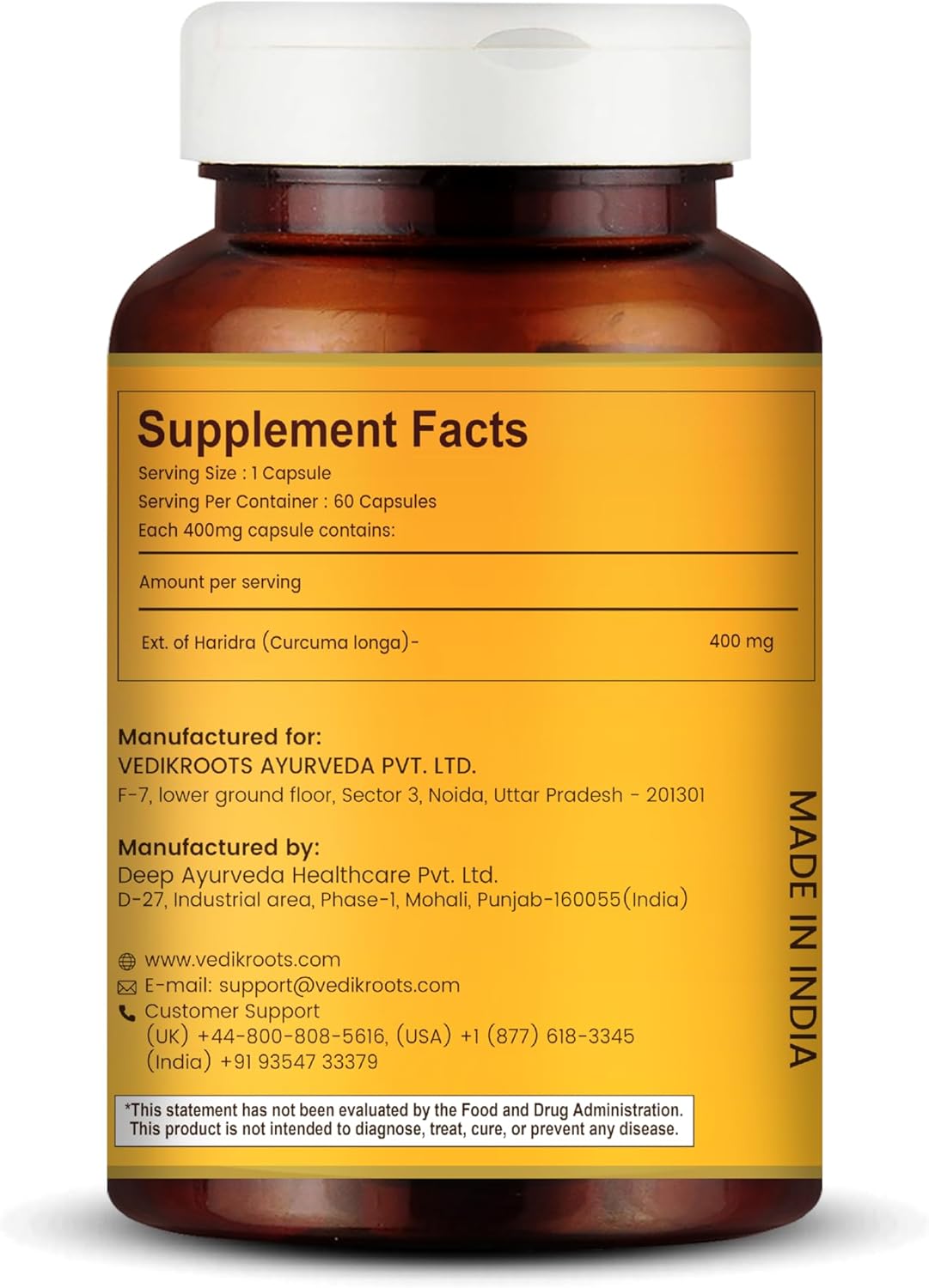 VEDIKROOTS Curcumin Capsules - Antioxidant with Joint Comfort, Anti-Aging, and Inflammation Relief - 60 Veg Capsules