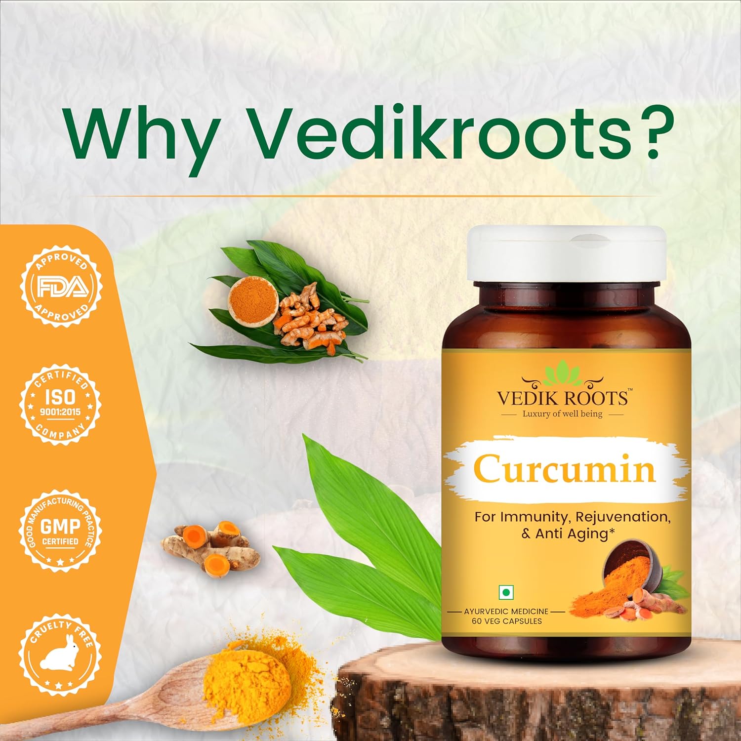 VEDIKROOTS Curcumin Capsules - Antioxidant with Joint Comfort, Anti-Aging, and Inflammation Relief - 60 Veg Capsules