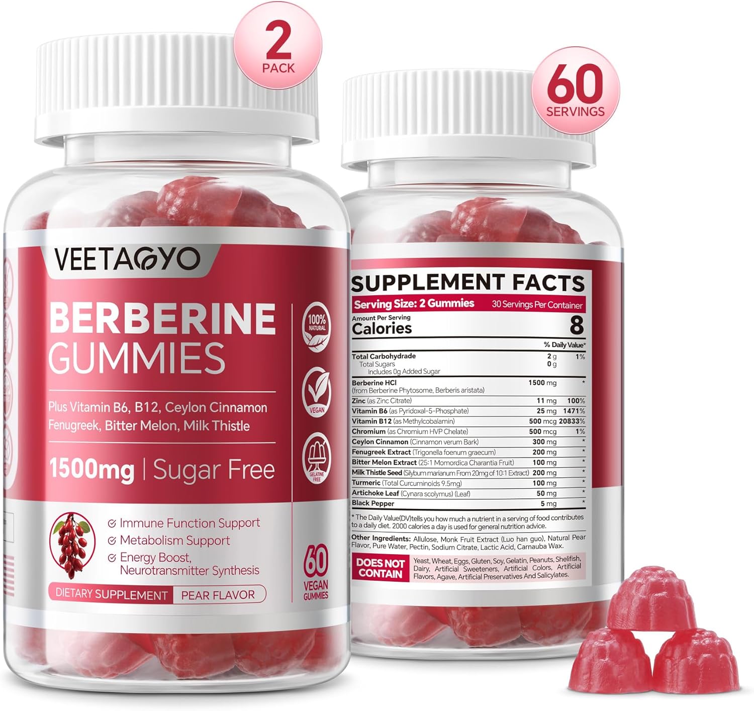 VEETAGYO 1500mg Berberine Supplement with Ceylon Cinnamon, Chromium, Turmeric, and Fenugreek Gummies - Supports Balanced Metabolism - 120 Count