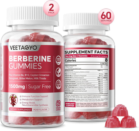 VEETAGYO 1500mg Berberine Supplement with Ceylon Cinnamon, Chromium, Turmeric, and Fenugreek Gummies - Supports Balanced Metabolism - 120 Count