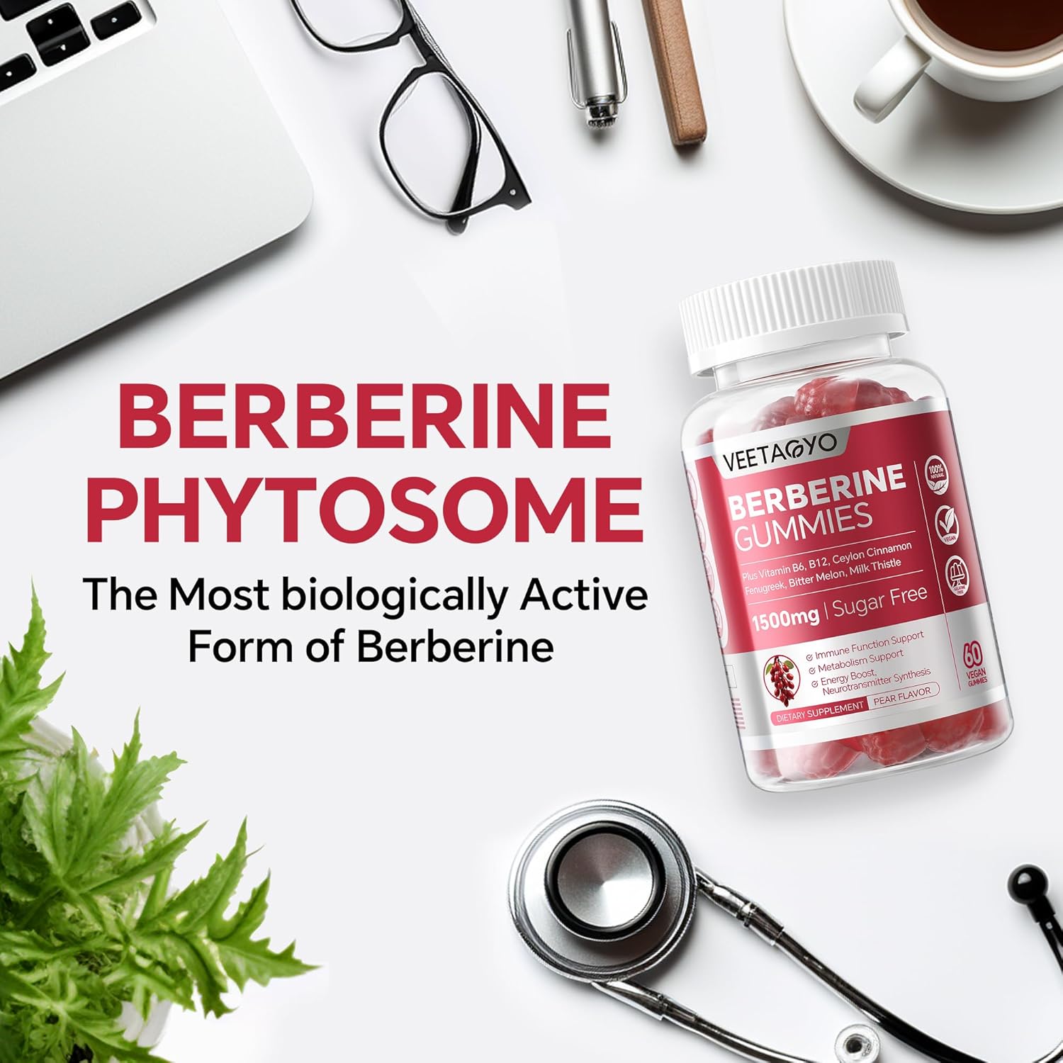 VEETAGYO 1500mg Berberine Supplement with Ceylon Cinnamon, Chromium, Turmeric, and Fenugreek Gummies - Supports Balanced Metabolism - 120 Count