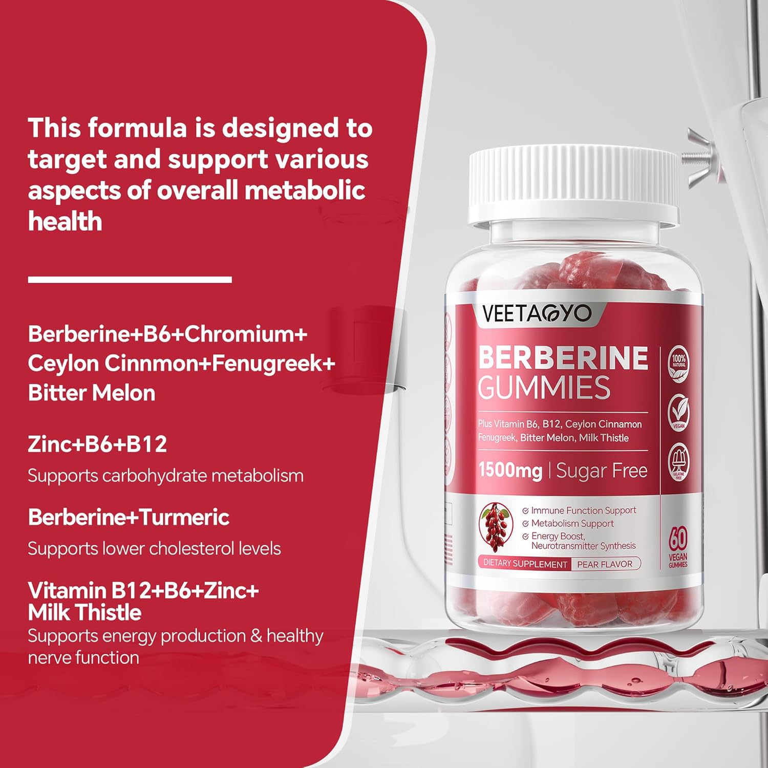 VEETAGYO 1500mg Berberine Supplement with Ceylon Cinnamon, Chromium, Turmeric, and Fenugreek Gummies - Supports Balanced Metabolism - 120 Count