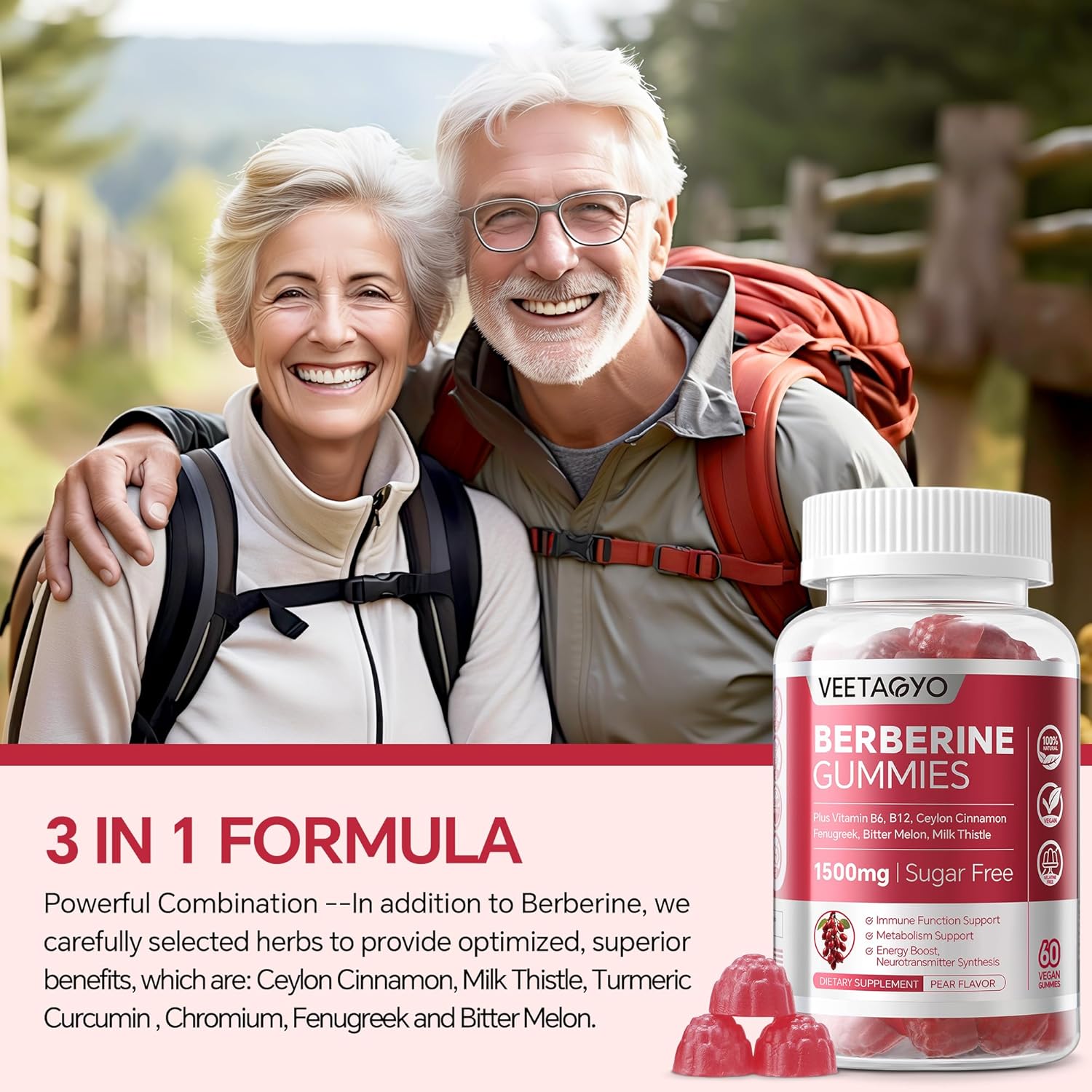 VEETAGYO 1500mg Berberine Supplement with Ceylon Cinnamon, Chromium, Turmeric, and Fenugreek Gummies - Supports Balanced Metabolism - 120 Count