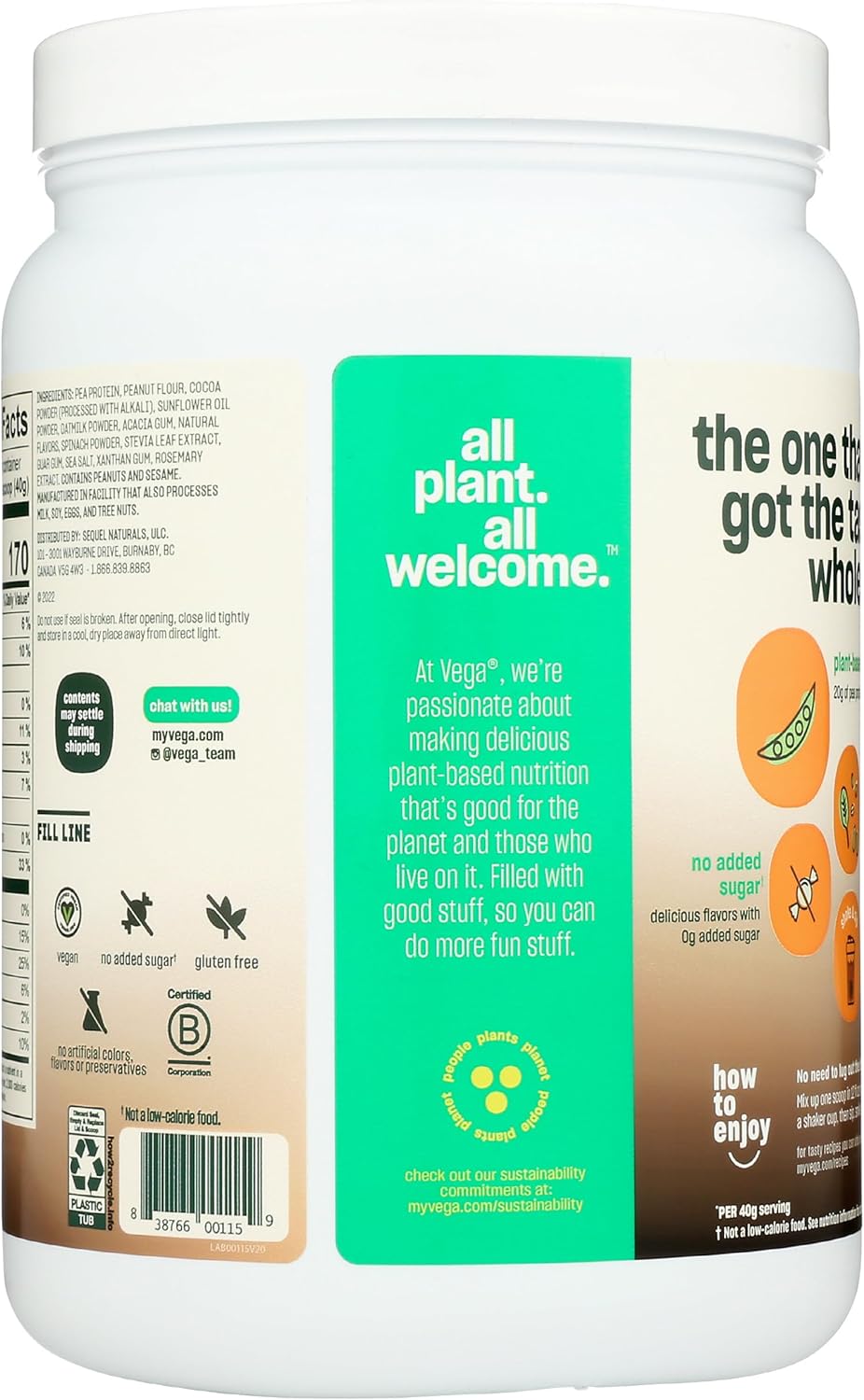 Vega Chocolate Peanut Butter Blast Real Food Smoothie - Vegan Protein Powder, 20g Plant Based, Gluten Free, Non GMO, Pea Protein for Women and Men, 1.24 lbs