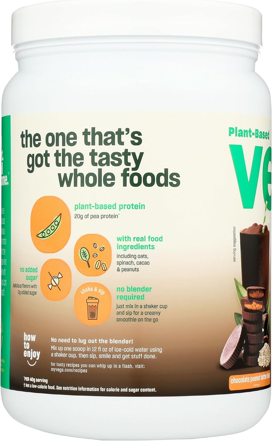 Vega Chocolate Peanut Butter Blast Real Food Smoothie - Vegan Protein Powder, 20g Plant Based, Gluten Free, Non GMO, Pea Protein for Women and Men, 1.24 lbs