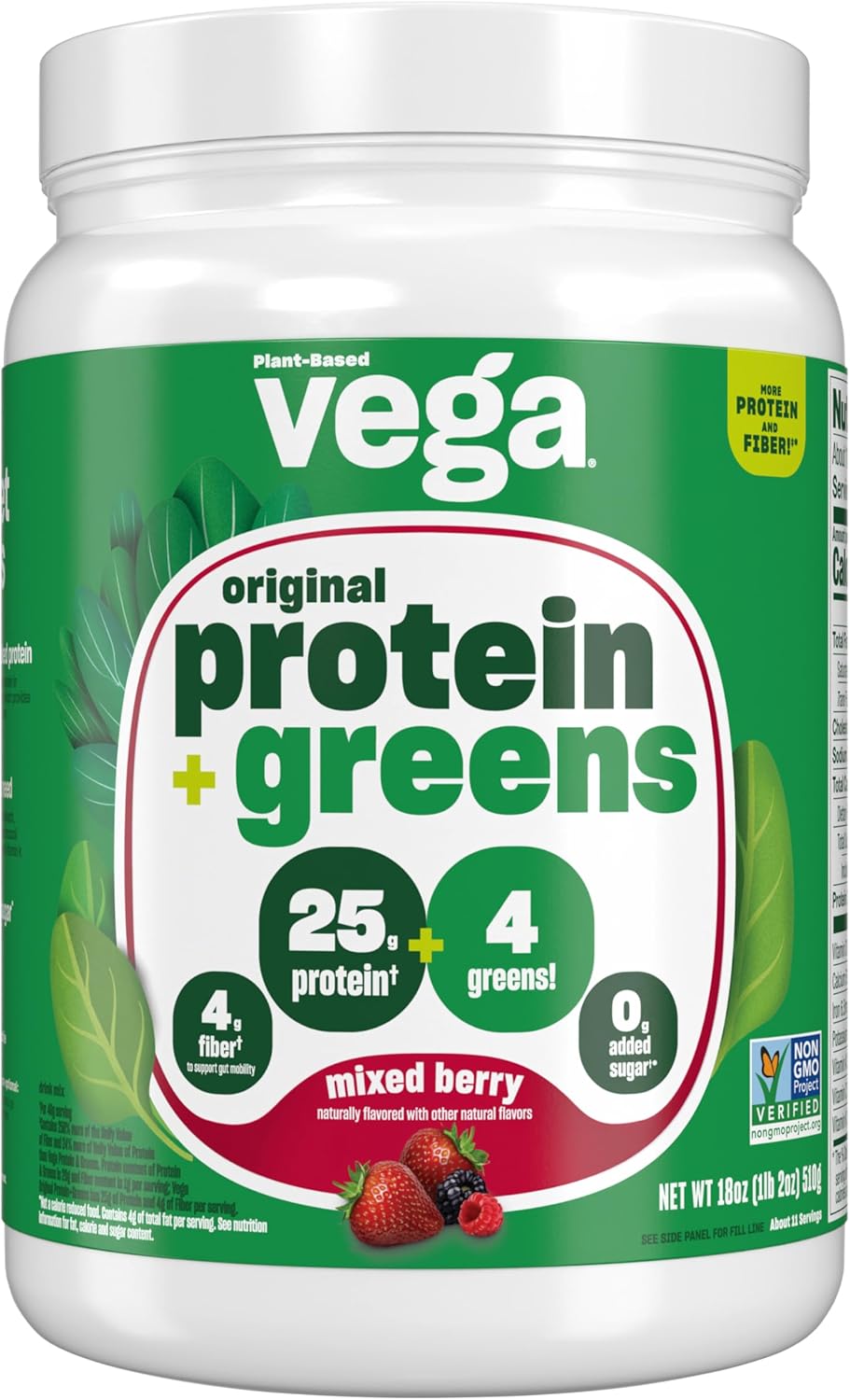 Vega Mixed Berry Protein and Greens Powder - 25g Plant-Based Protein, 11 Servings, Vegan Non-GMO Formula for Women and Men, 1.2lbs