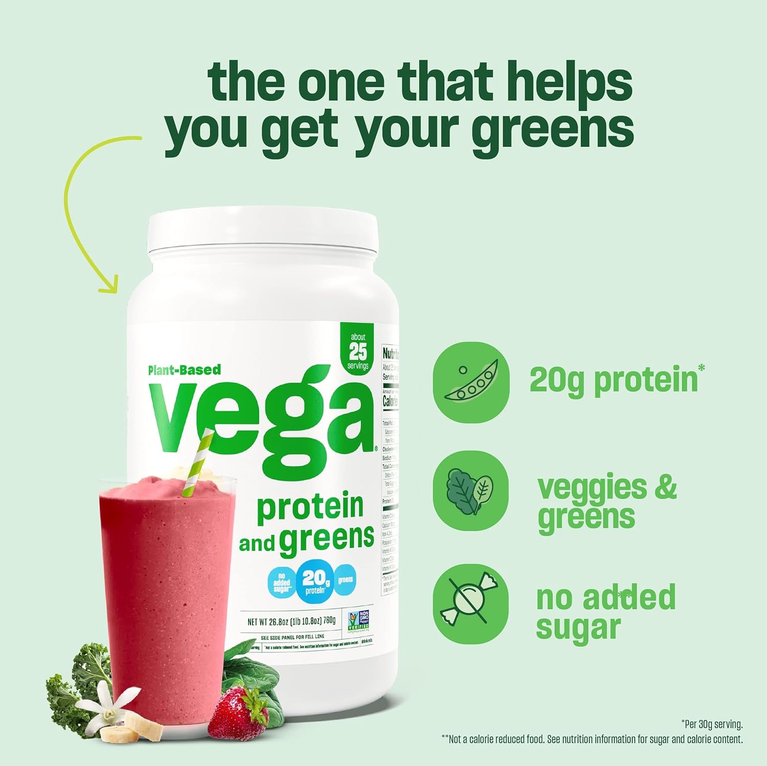 Vega Protein and Greens Coconut Almond Powder - 20g Plant Protein, Vegan, Non-GMO, Pea Protein, 1.1 lbs