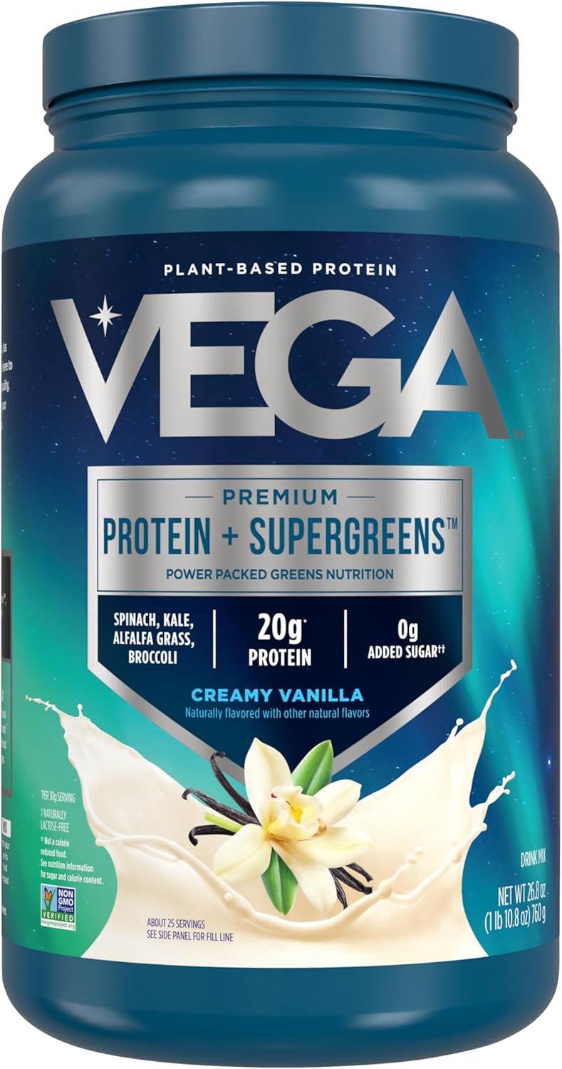 Vega Protein and Greens Vanilla Powder - Plant Based Protein with Veggies, Vegan, Non-GMO, Pea Protein, 1.7 lbs