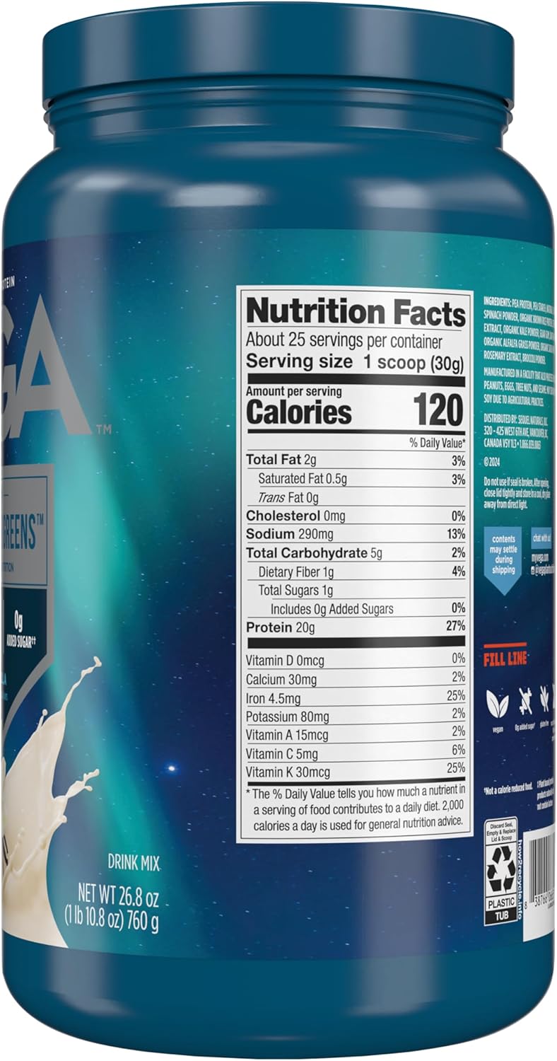Vega Protein and Greens Vanilla Powder - Plant Based Protein with Veggies, Vegan, Non-GMO, Pea Protein, 1.7 lbs