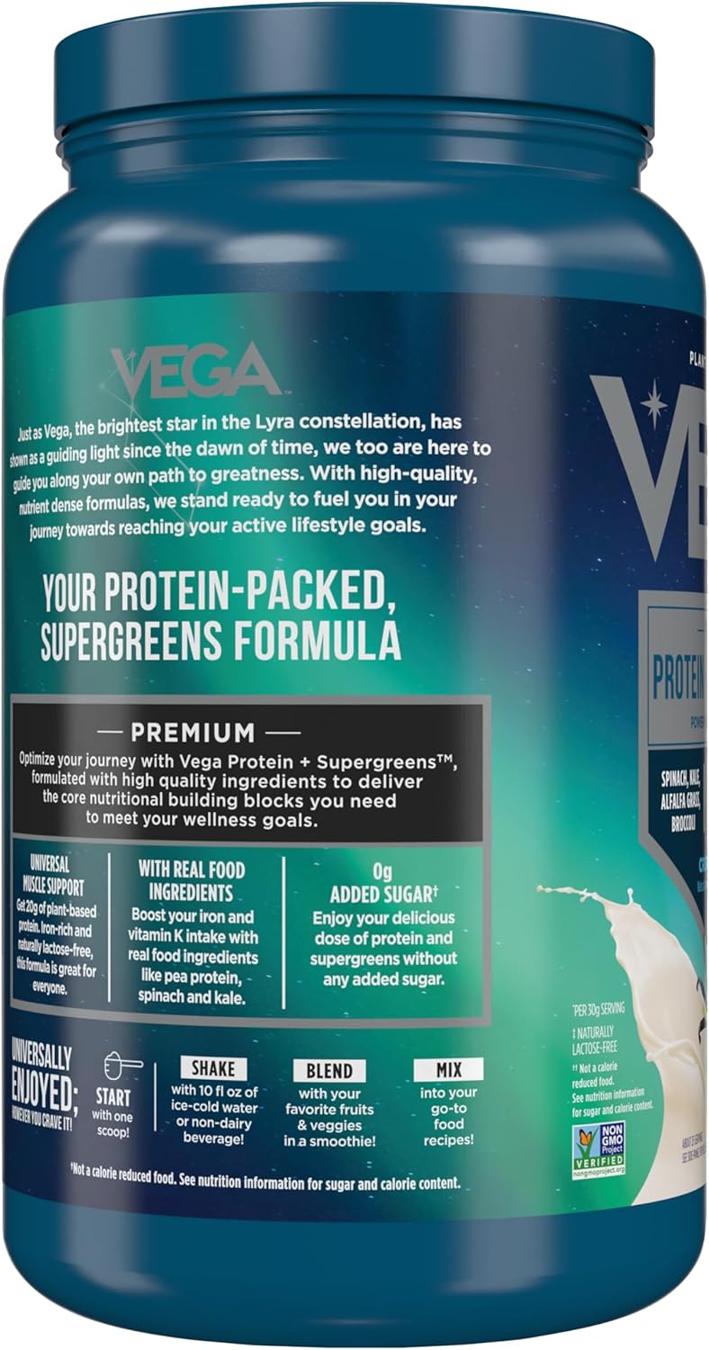 Vega Protein and Greens Vanilla Powder - Plant Based Protein with Veggies, Vegan, Non-GMO, Pea Protein, 1.7 lbs