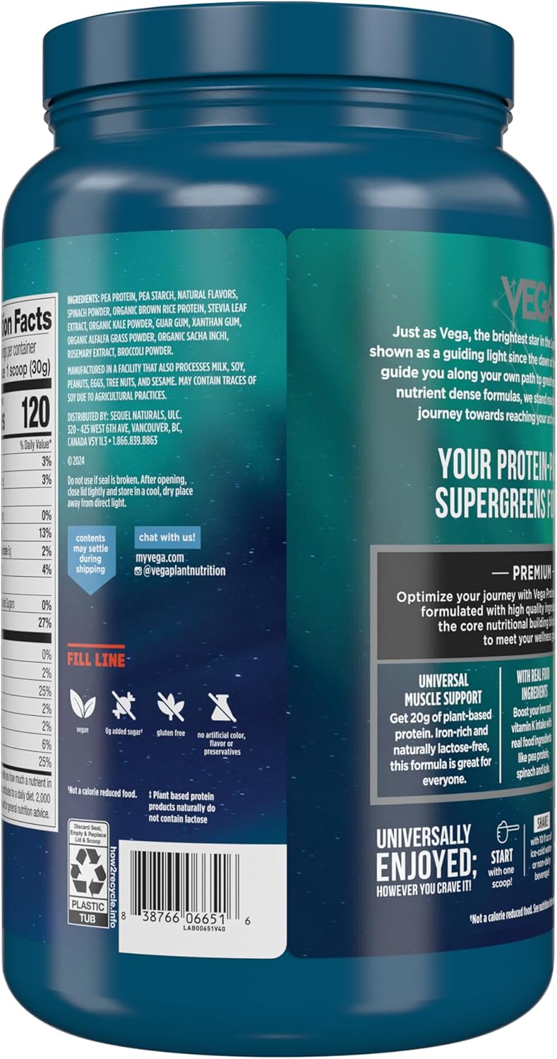 Vega Protein and Greens Vanilla Powder - Plant Based Protein with Veggies, Vegan, Non-GMO, Pea Protein, 1.7 lbs